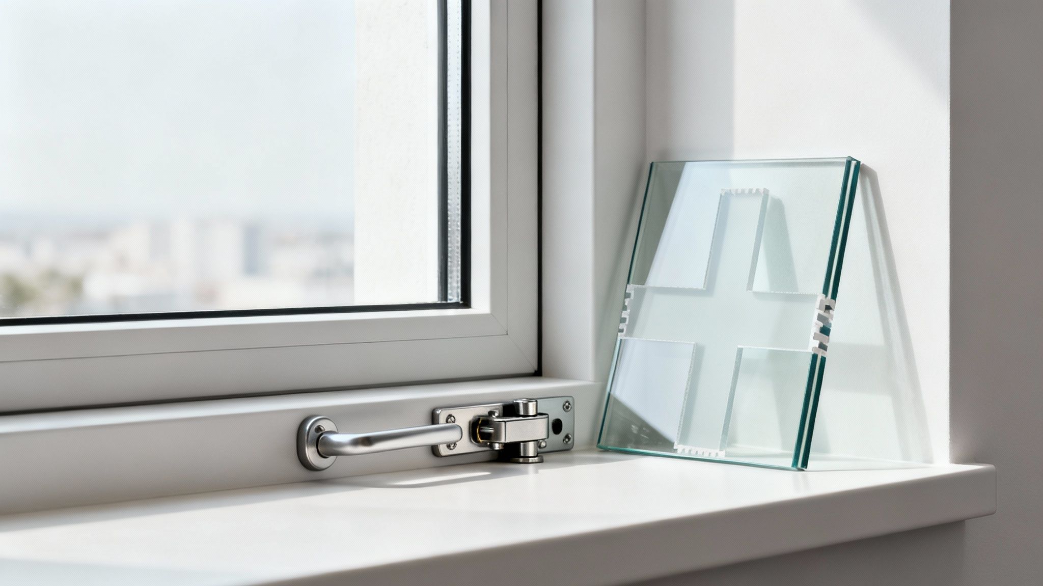Nærbillede af et hvidt vindue med en robust vindueslås og en stiliseret glaskors på vindueskarmen, med udsigt til byen.