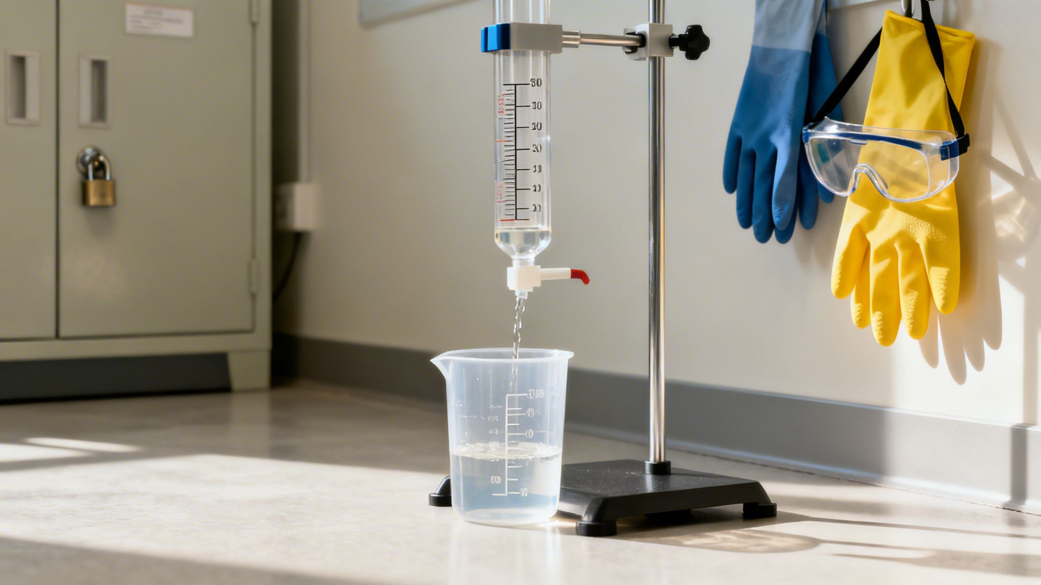 Laboratorieopsætning med dryppende væske, sikkerhedshandsker og briller hængende på væggen.