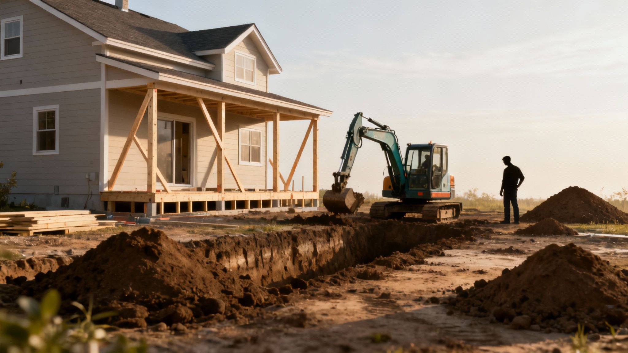 Professionelle håndværkere i gang med udgravning af kælder