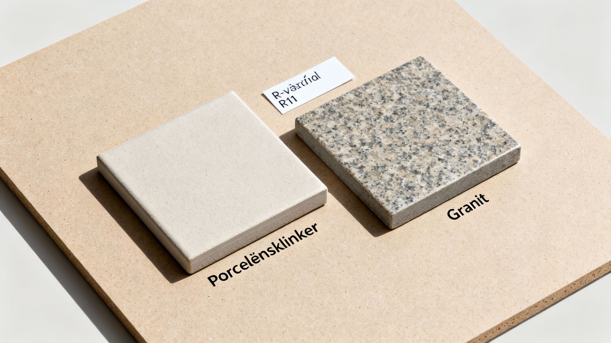To materialeprøver: lyse porcelænssklinker og grå granit på en træplade, med R11-mærkning.