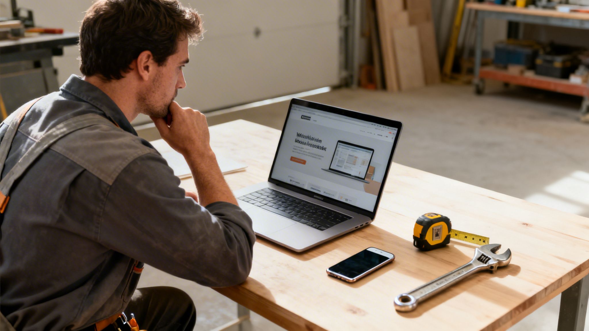 En håndværker kigger tankefuldt på en bærbar computer med en hjemmeside i et værksted, omgivet af værktøj.