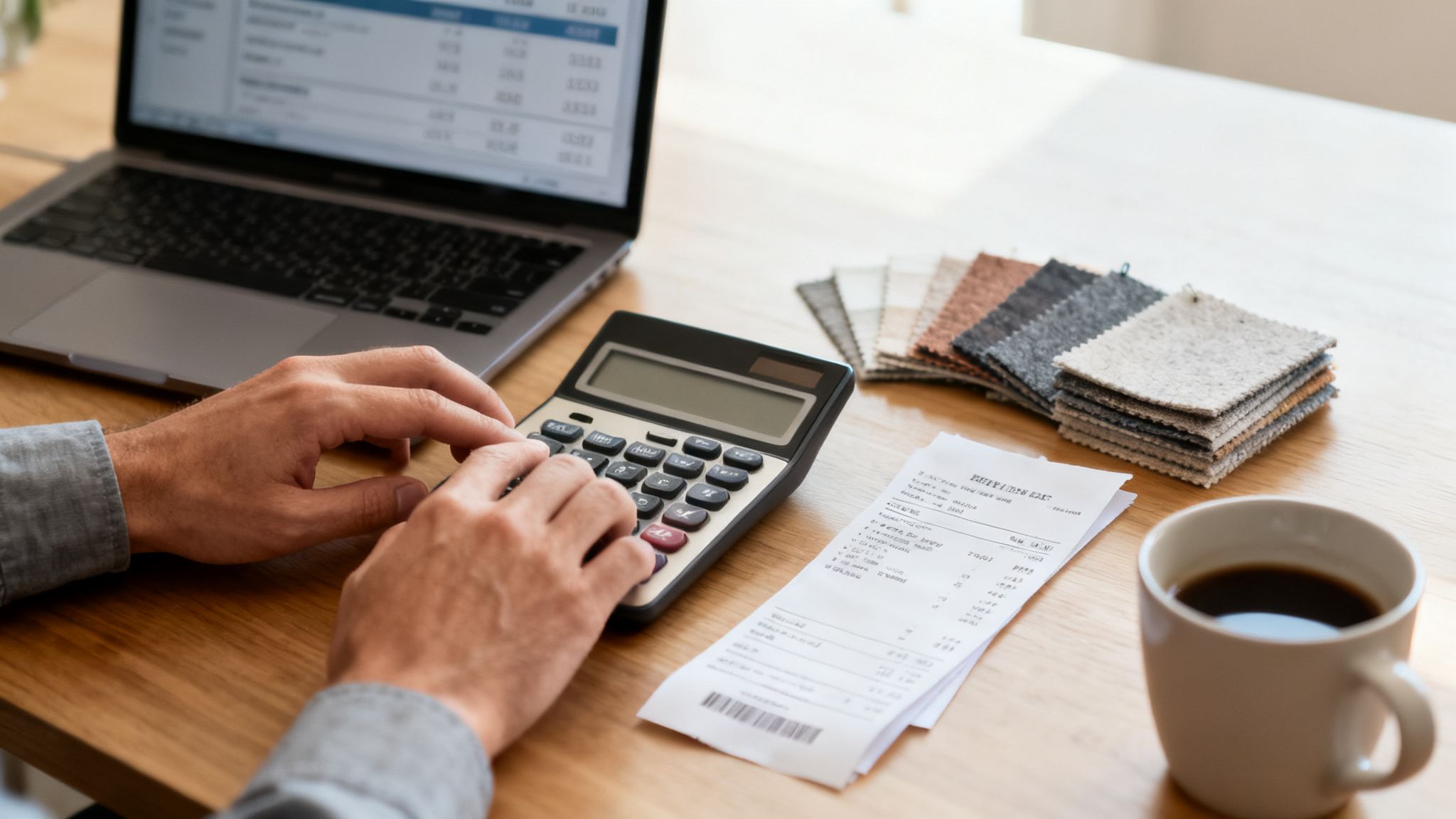 En person bruger en lommeregner og gennemgår kvitteringer ved et skrivebord med en bærbar computer, farveprøver og kaffe.
