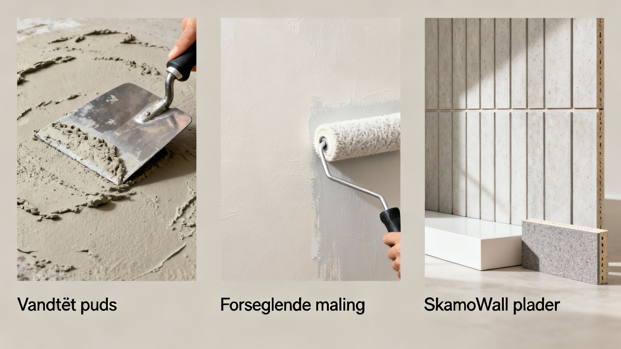 Tre metoder til indvendig vægbehandling: vandtæt puds, forseglende maling og SkamoWall plader.