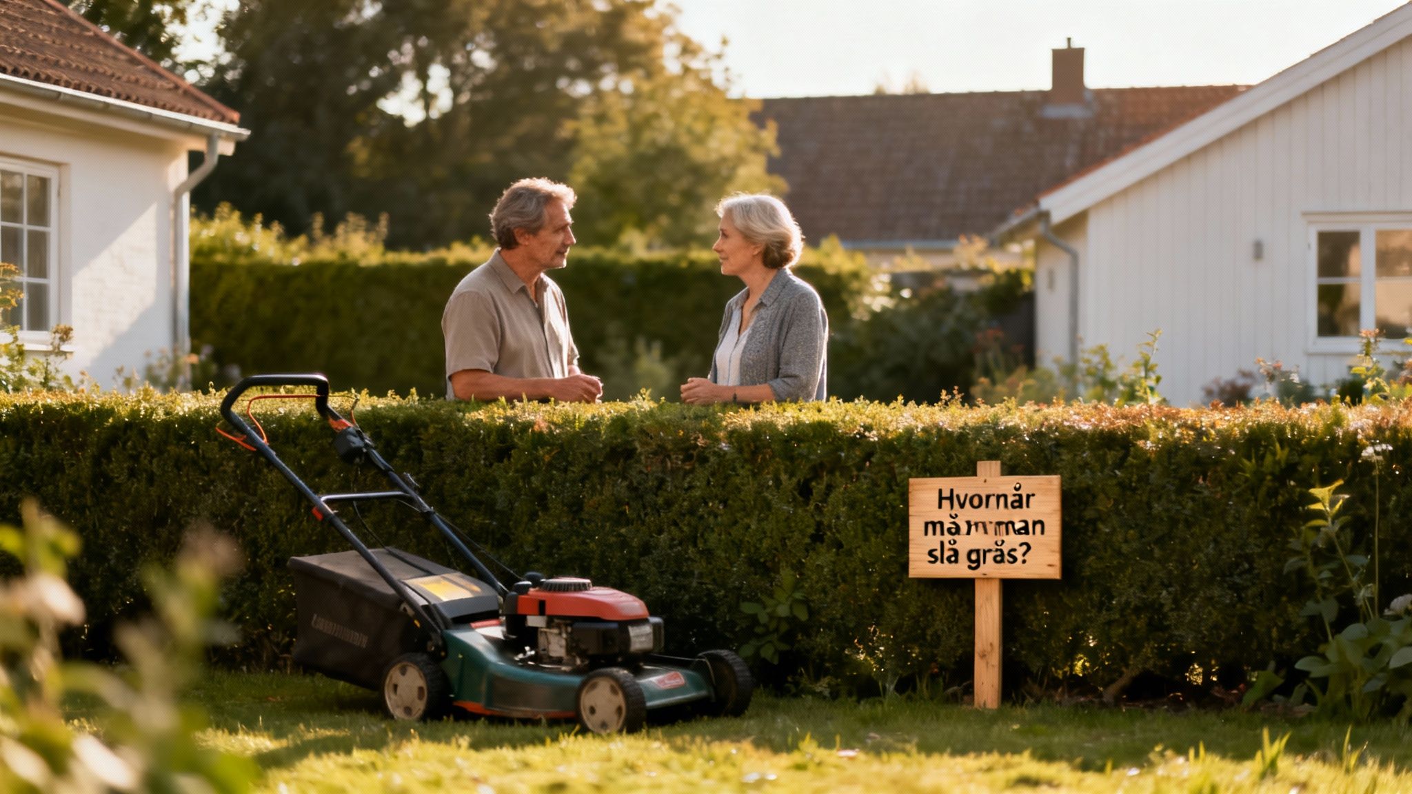 Et ældre par taler over hækken med en plæneklipper og et skilt, der spørger, hvornår man må slå græs.