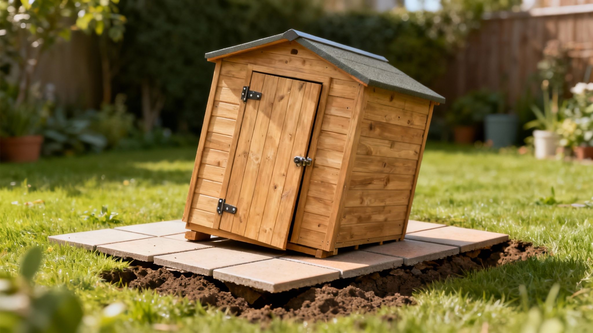 Lille træskur på flisebelægning i have som fundament til skur løsning