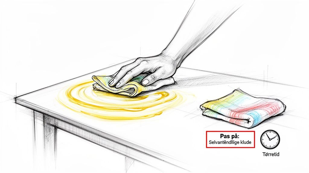 En hånd rengør en træbordplade med en klud, med advarsler om selvantændelige klude og tørretid.