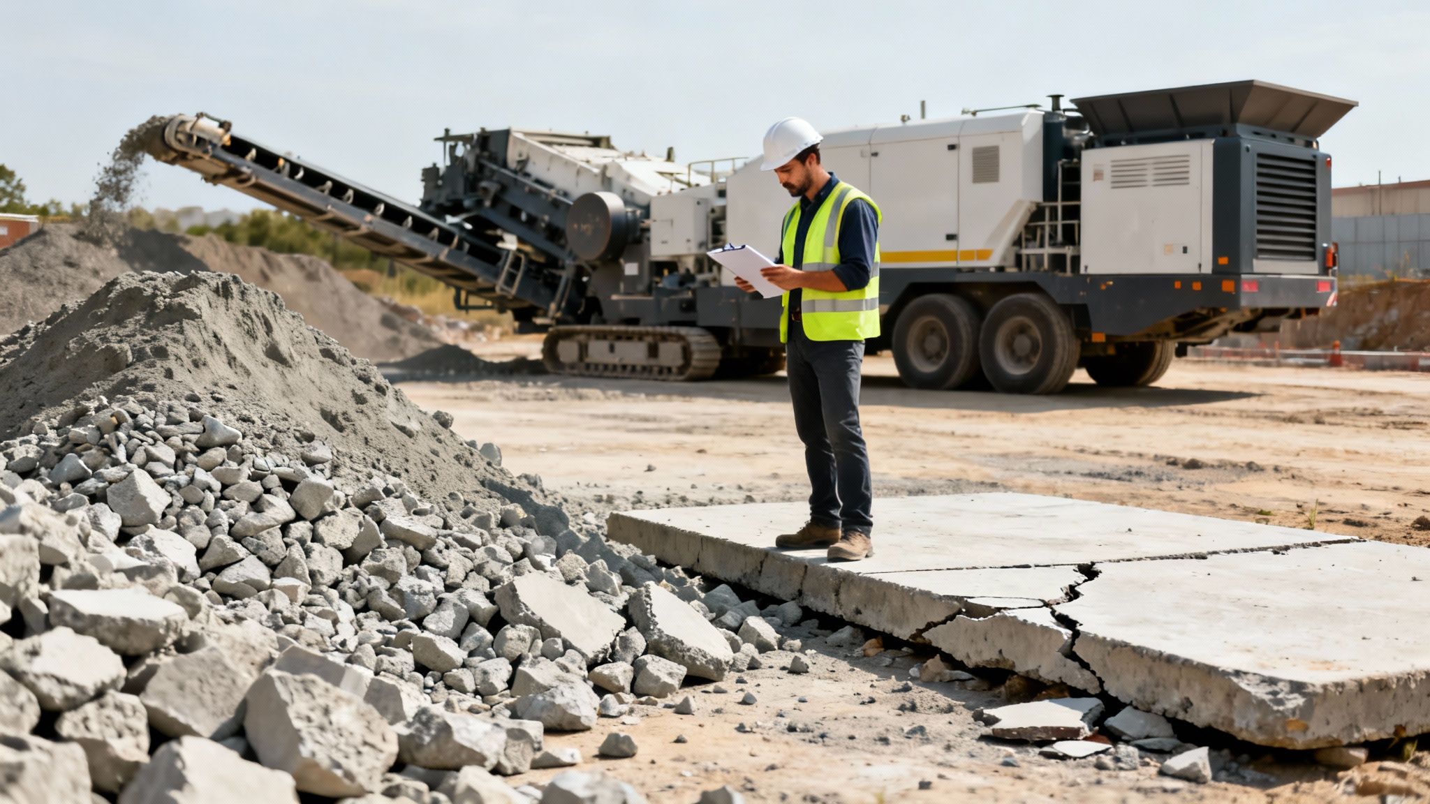 En arbejder i sikkerhedshjelm og vest inspicerer en byggeplads med en betonkrosser og bunker af grus.