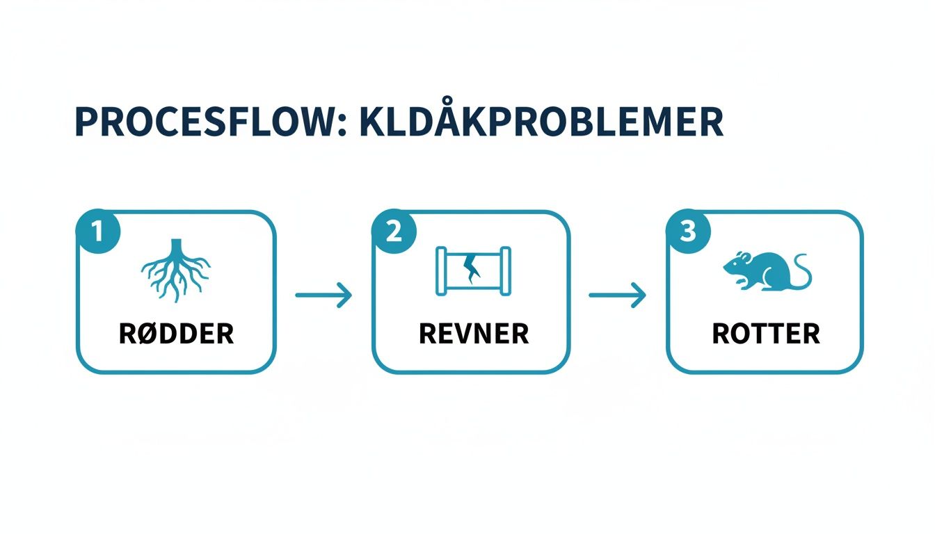 En procesflow-diagram, der illustrerer tre almindelige årsager til kloakproblemer: rødder, revner og rotter.