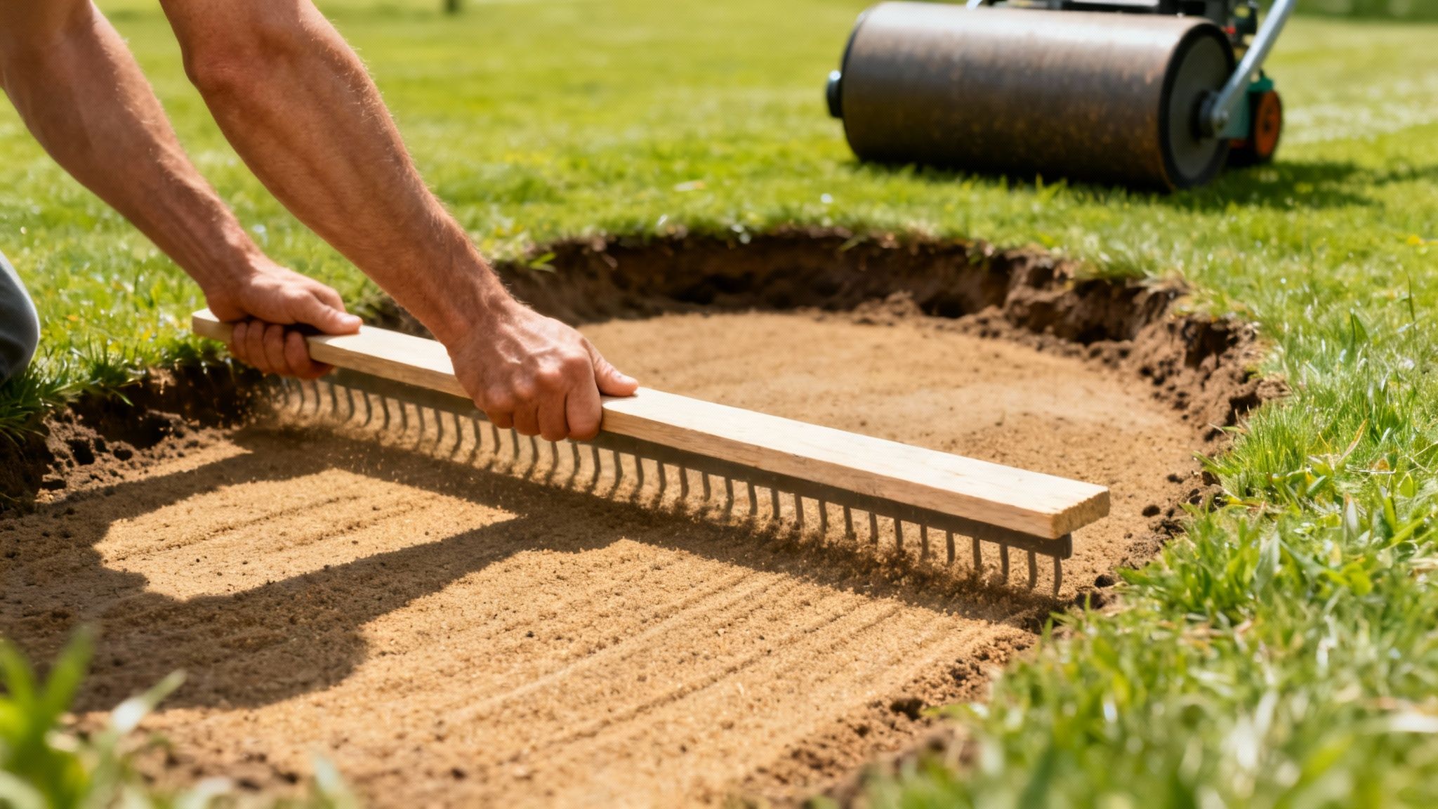 Person bruger trærive til at udjævne og forberede jord til nyt græs på græsplæne