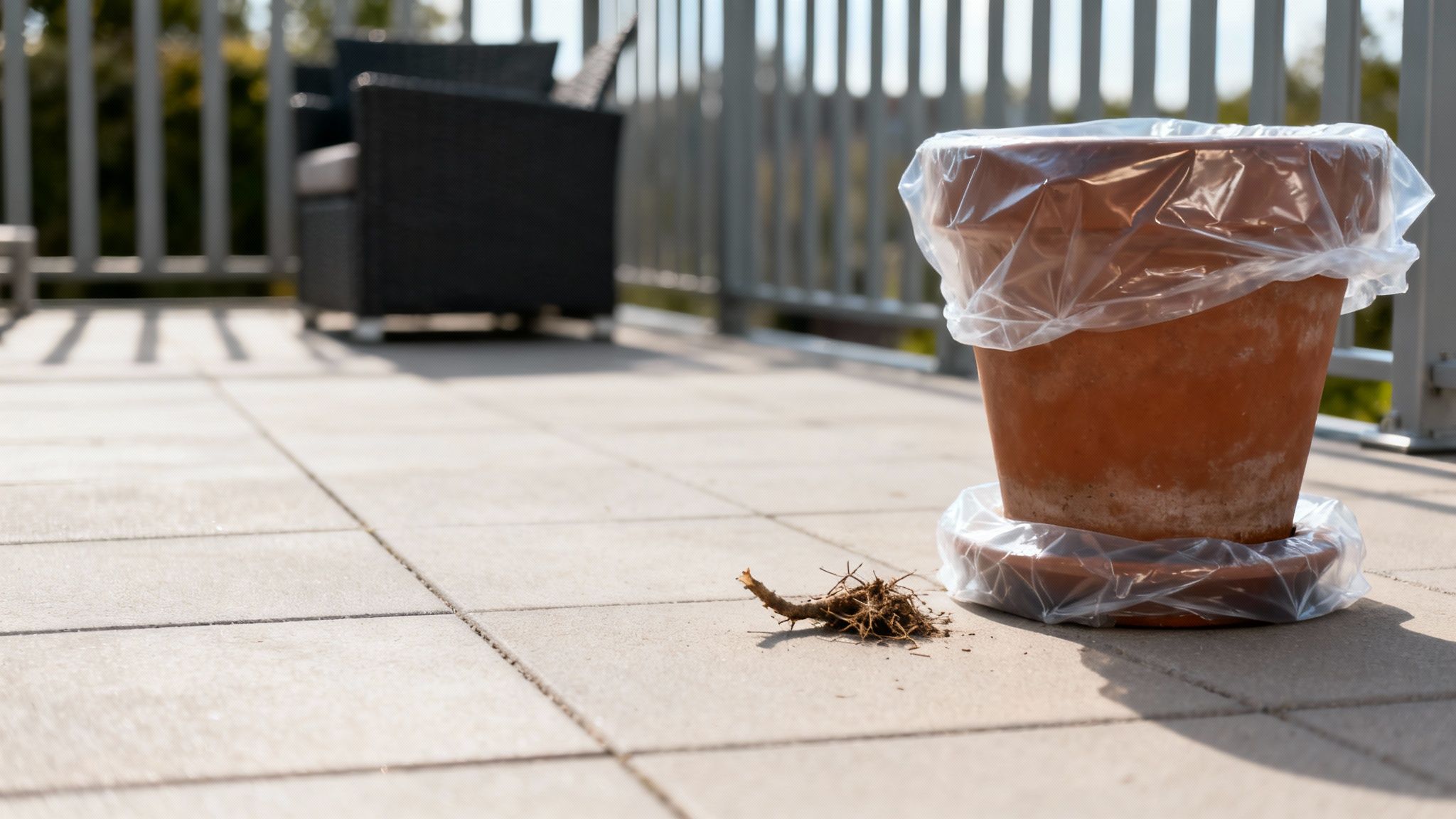 En person fejer en fliseterrasse som forberedelse til højtryksrensning.