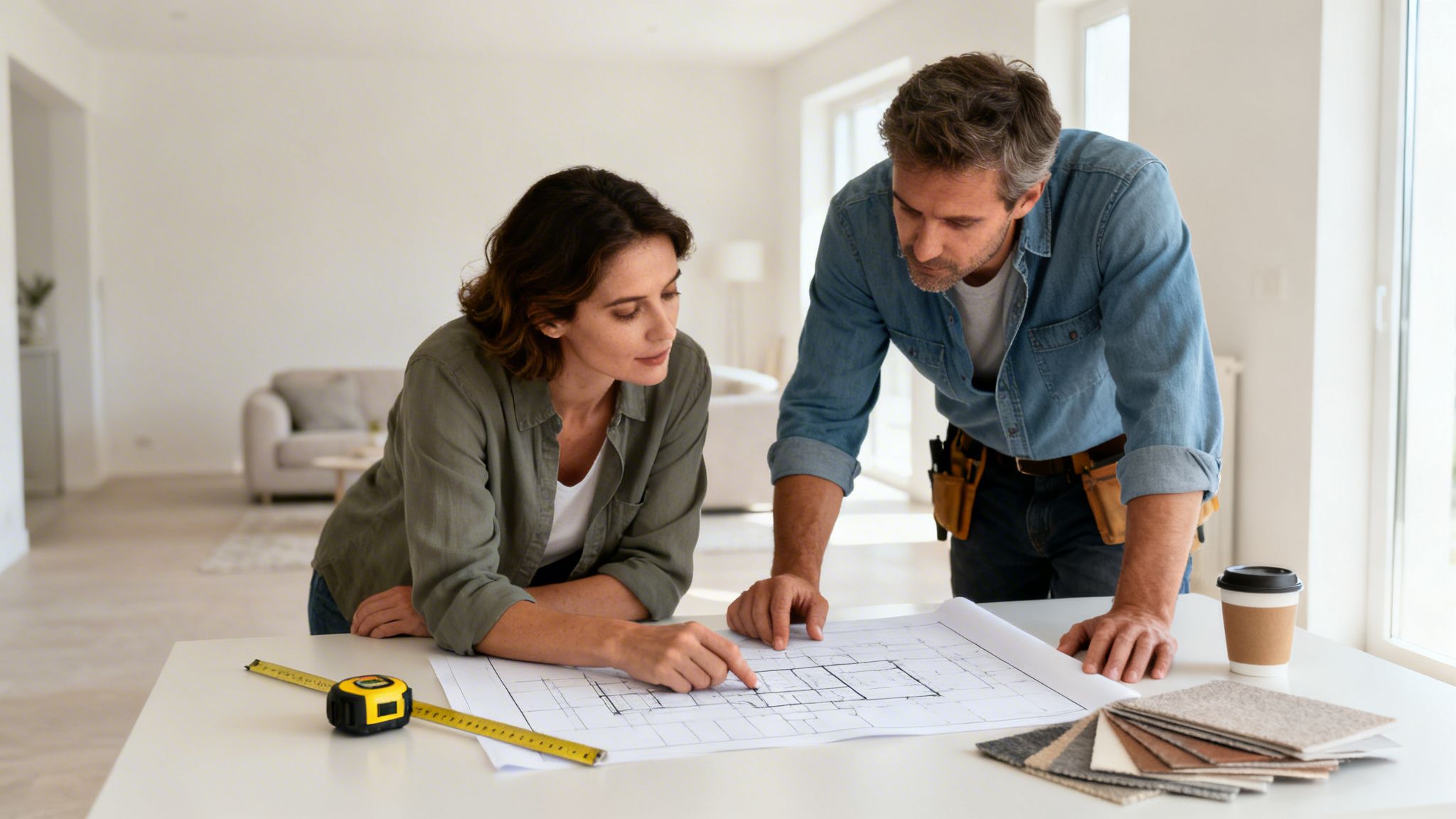 Et par diskuterer byggeplaner for et hus med en håndværker, der viser designprøver.