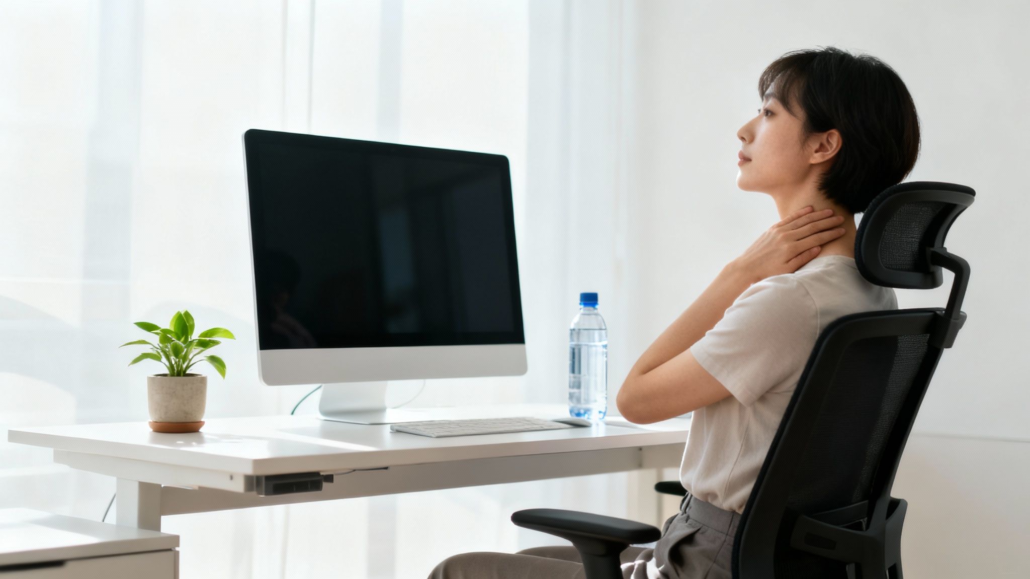 En kvinde strækker og masserer sin nakke ved et skrivebord med en computer og plante.