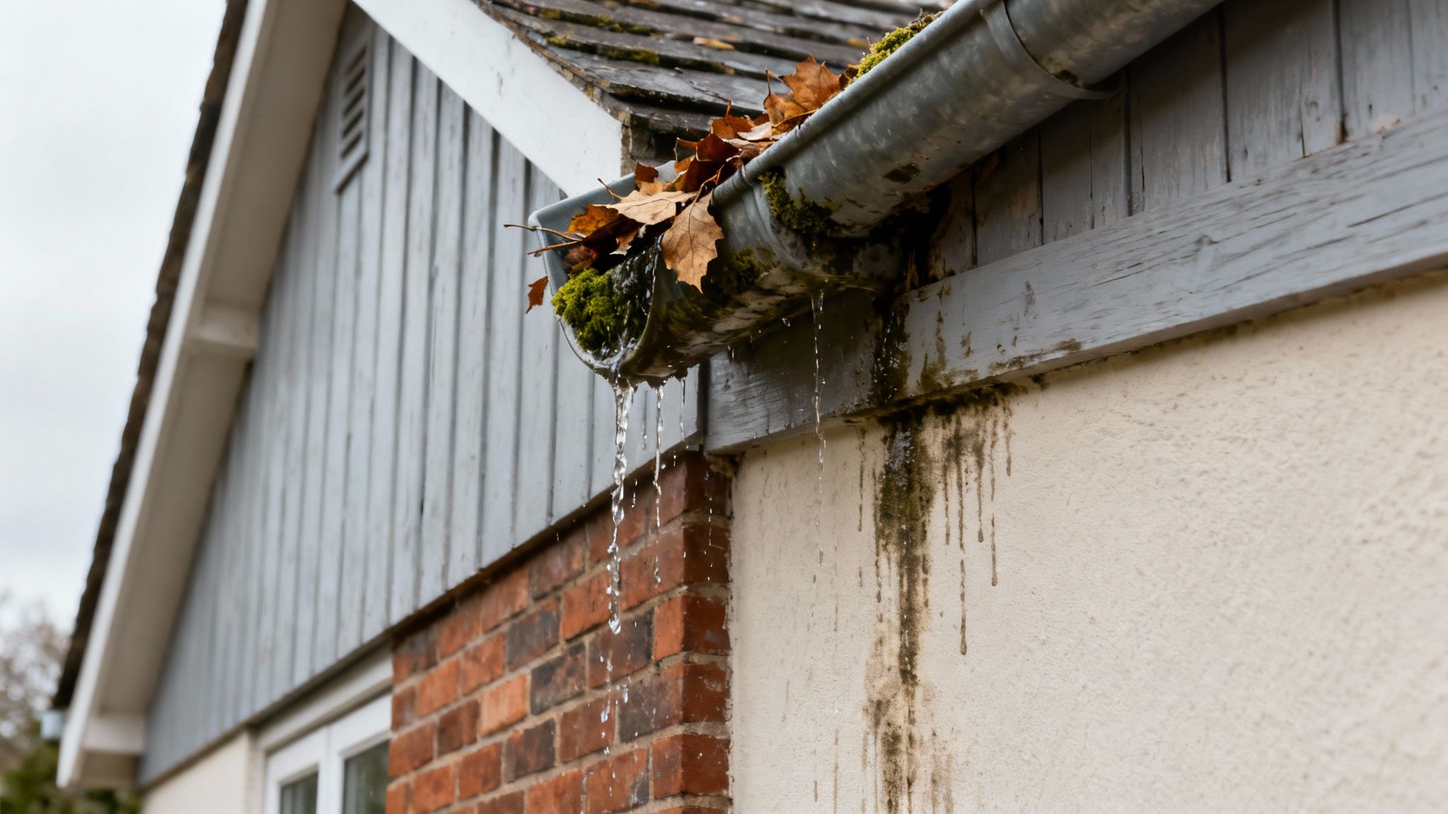 Tilstoppet tagrende fyldt med blade og mos, der løber over med vand og skaber pletter på væggen.