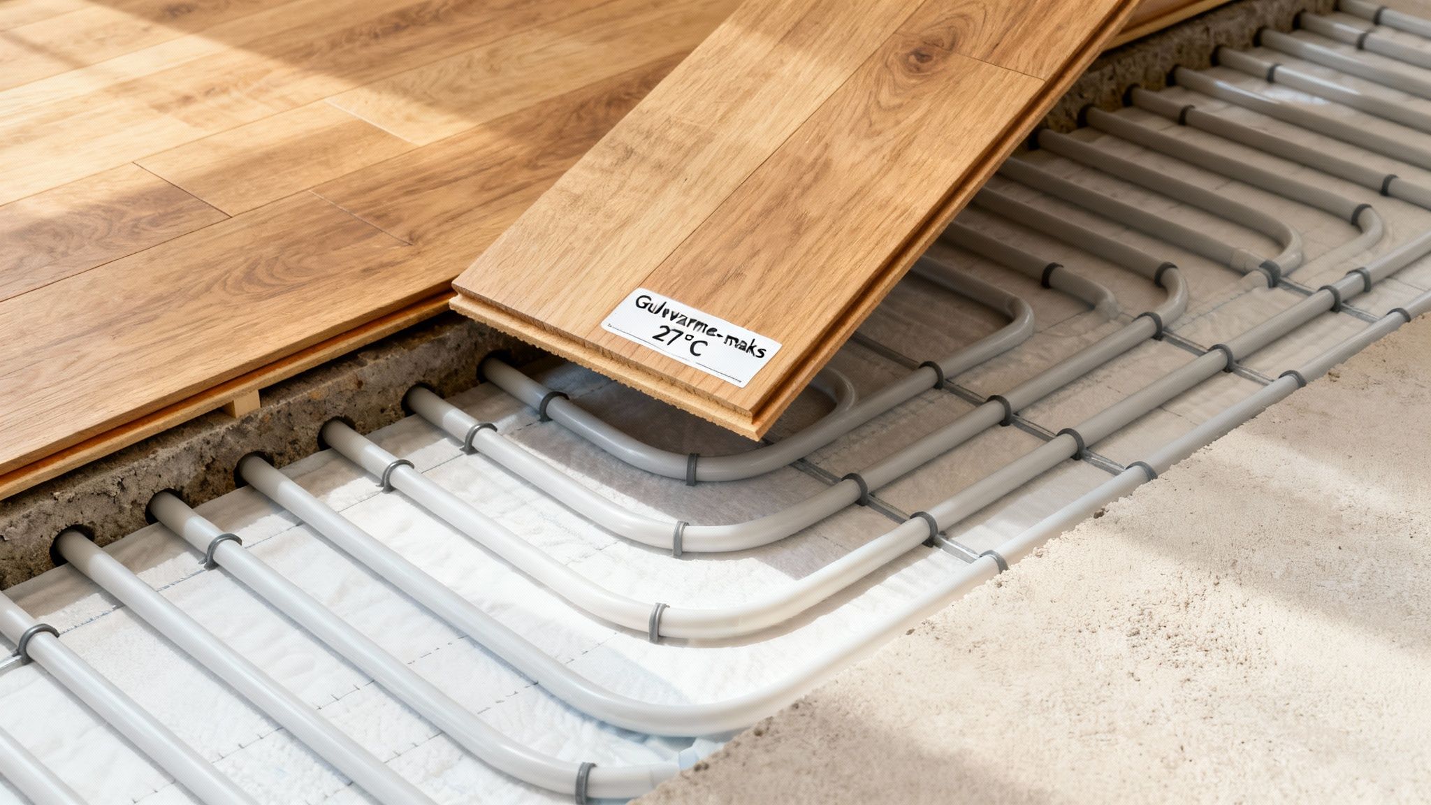 Installation af trægulv over gulvvarme med synlige rør og gulvbrædder. Maksimal temperatur på 27°C.