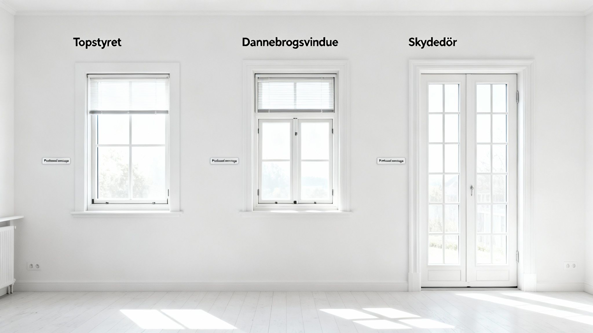 Tre hvide vindues- og dørtyper i et lyst rum: et topstyret vindue, et dannebrogsvindue og en skydedør.