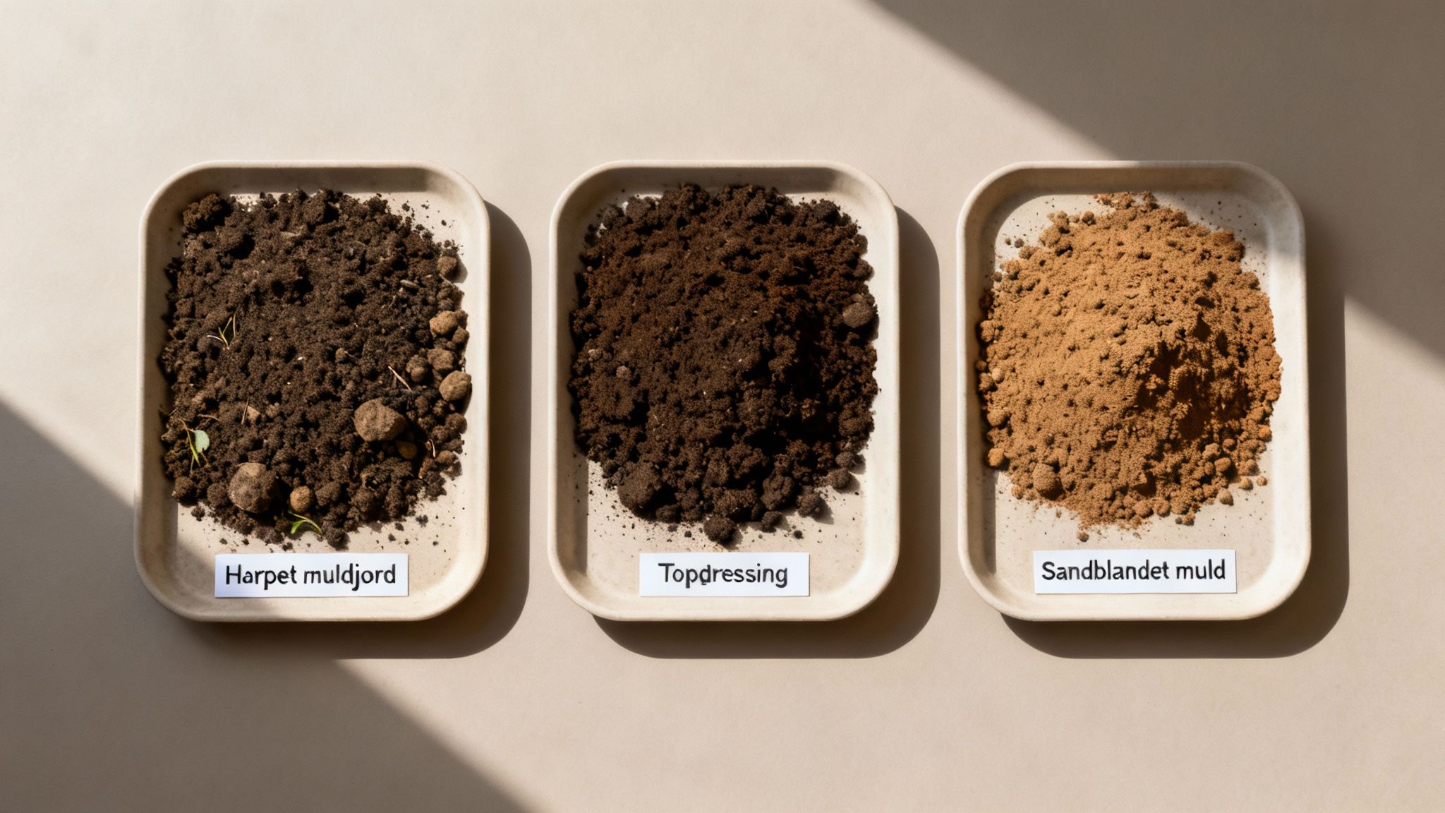Tre bakker viser forskellige jordtyper: harpet muldjord, topdressing og sandblandet muld.