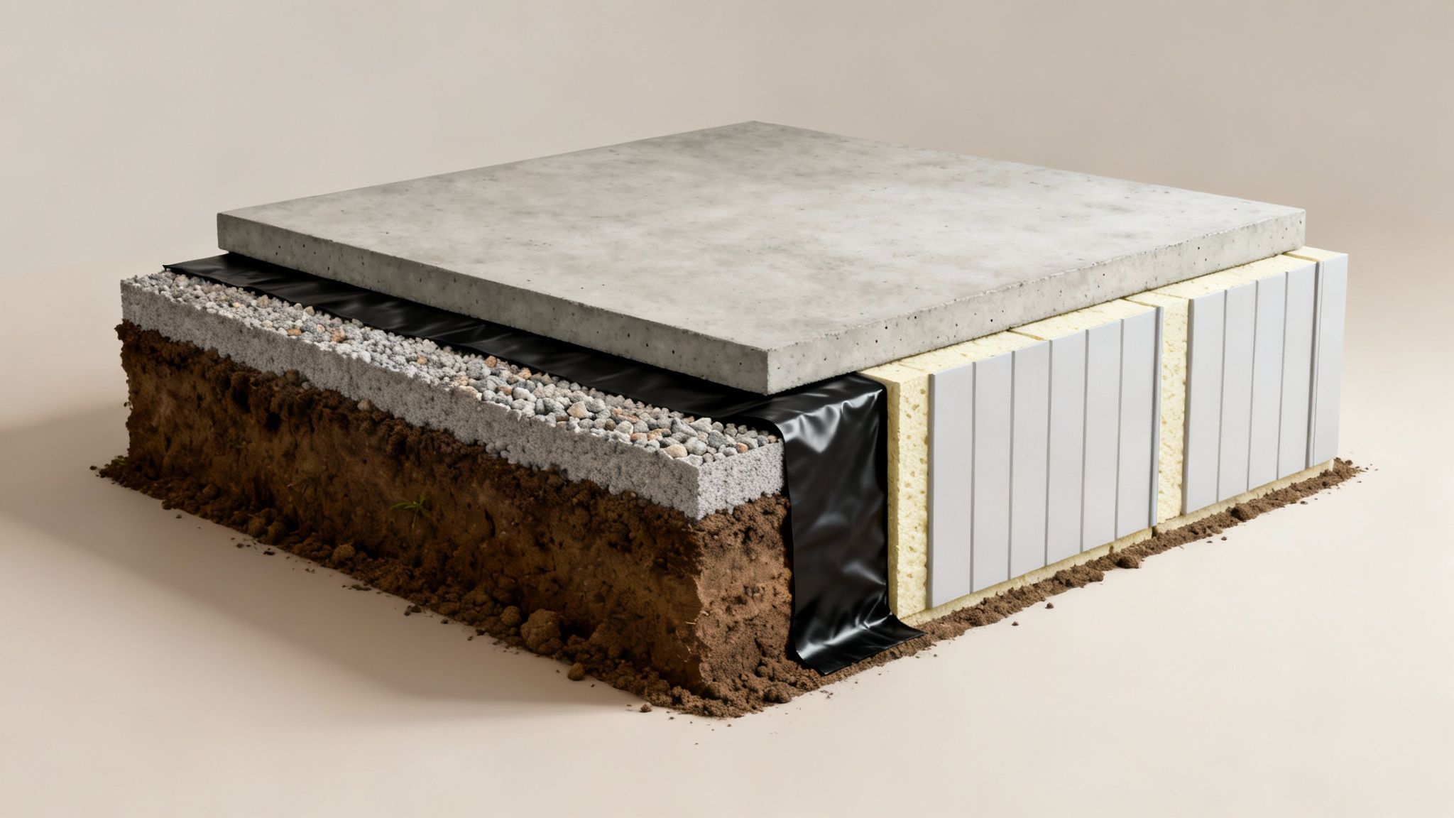 Snitbillede af moderne gulvkonstruktion med jord, dræn, isolering og betonplade.