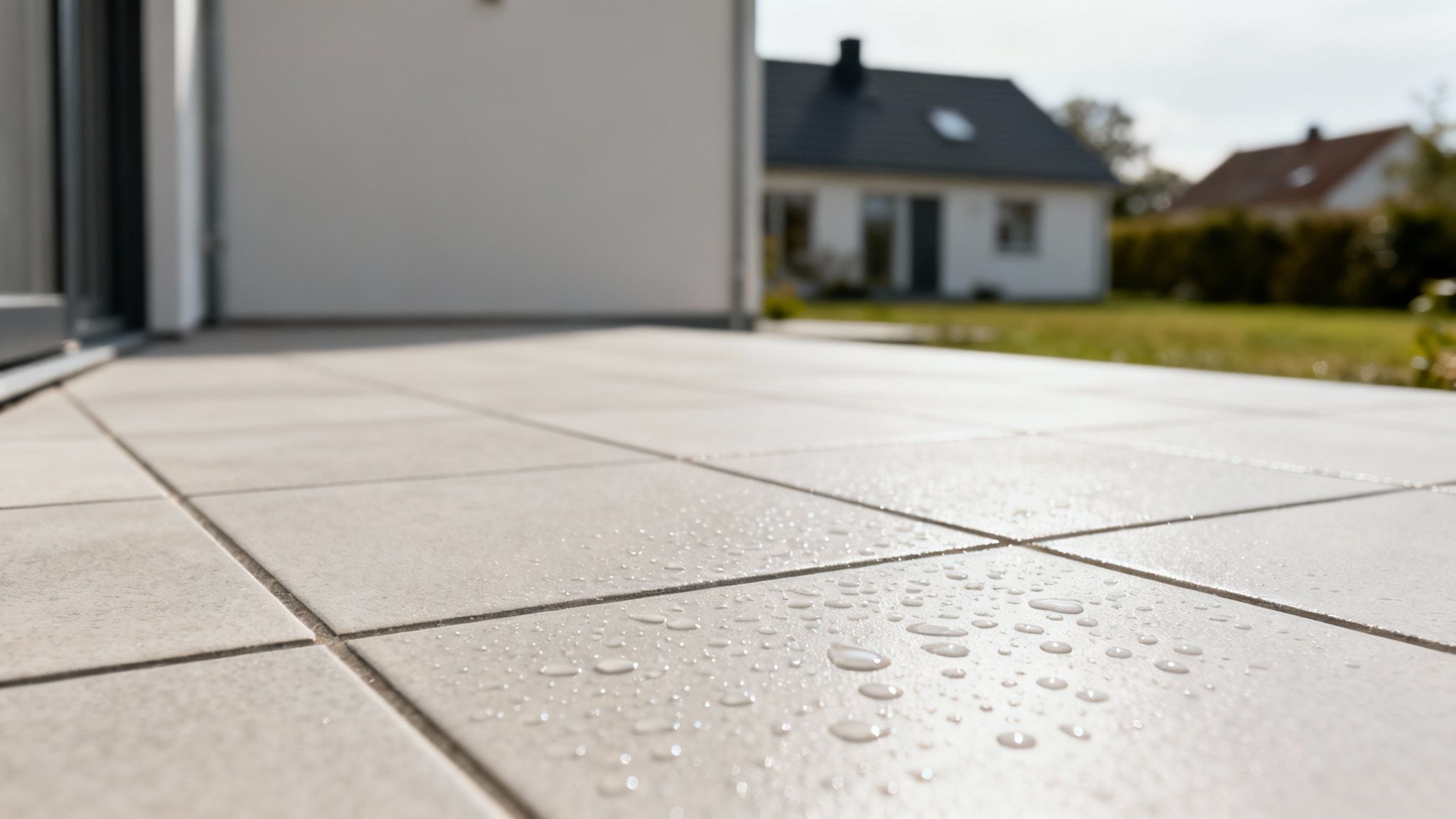 Flot terrasse med nyimprægnerede fliser