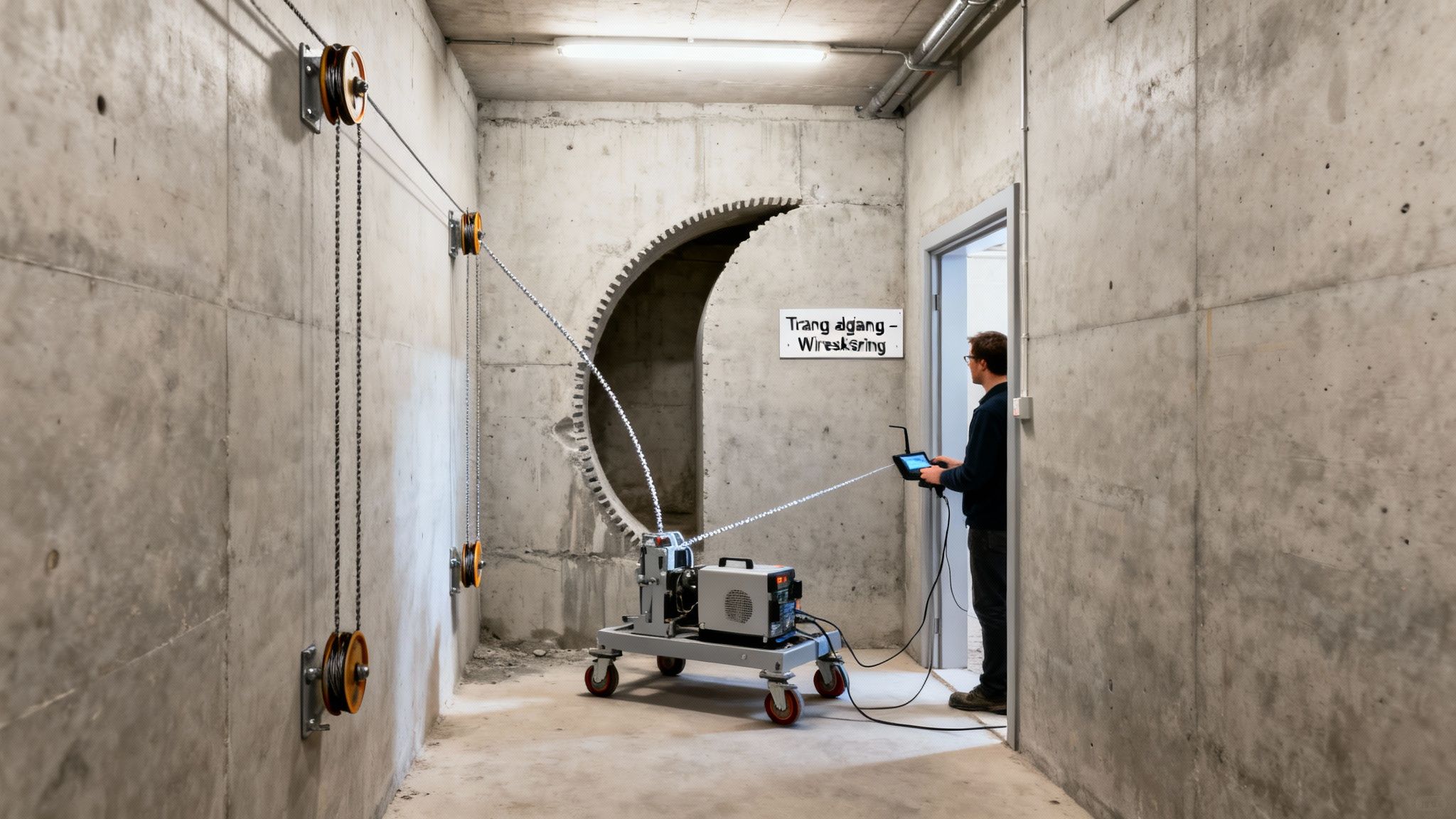 Mand betjener wireskæremaskine i et betonrum, der har skåret et stort cirkulært hul i væggen.