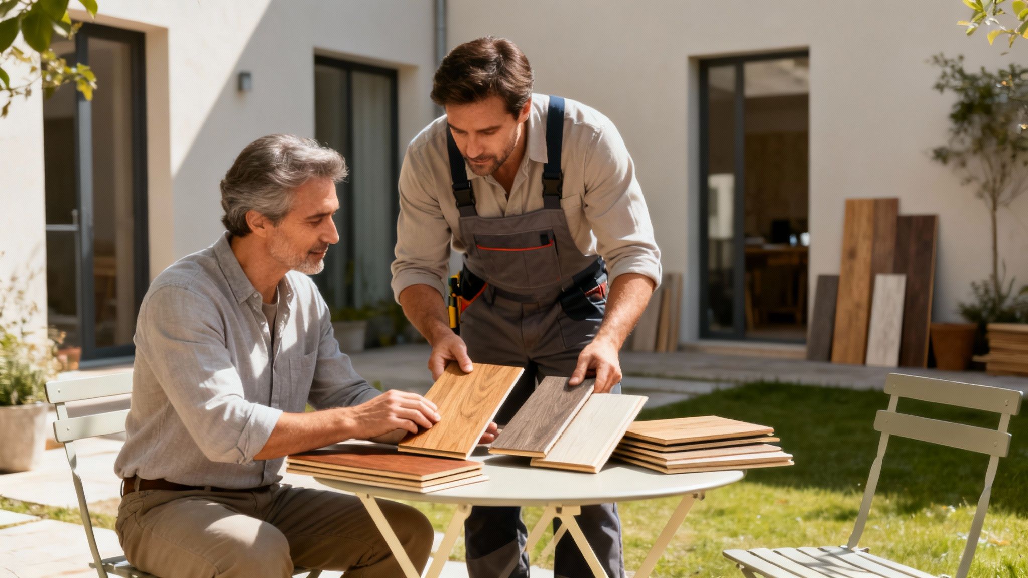 To mænd sidder udendørs og vælger gulvprøver. En tømrer viser forskellige trægulve til en kunde.