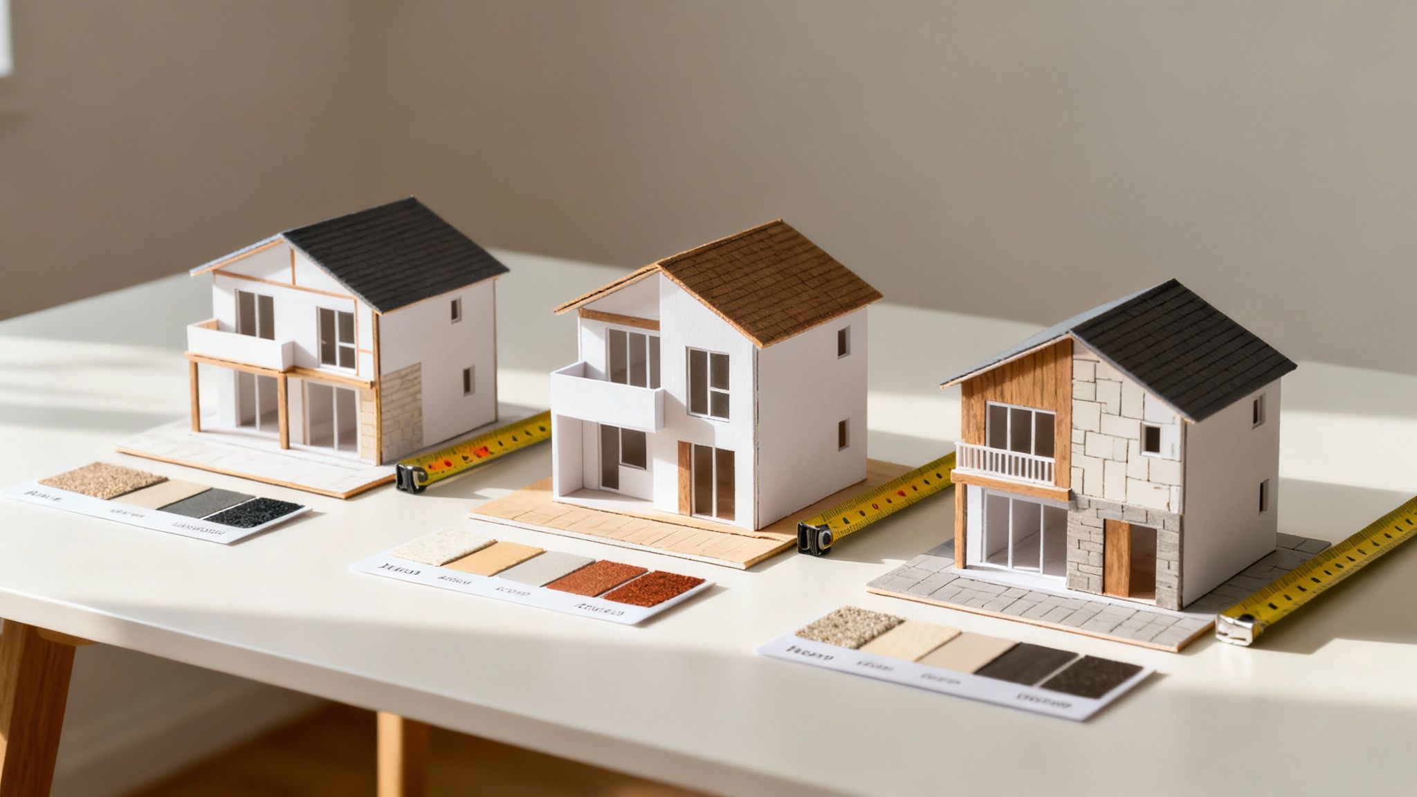 Tre forskellige husmodeller med materialeprøver og målebånd, der symboliserer boligrenovering og designvalg.