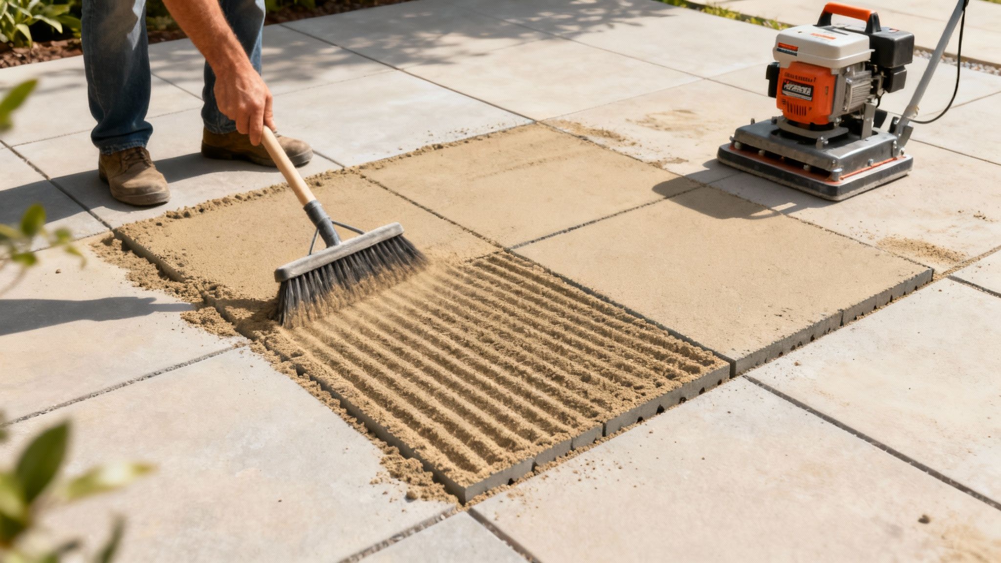 En person fejer fugesand ned mellem nylagte 40x40x5 cm fliser med en kost