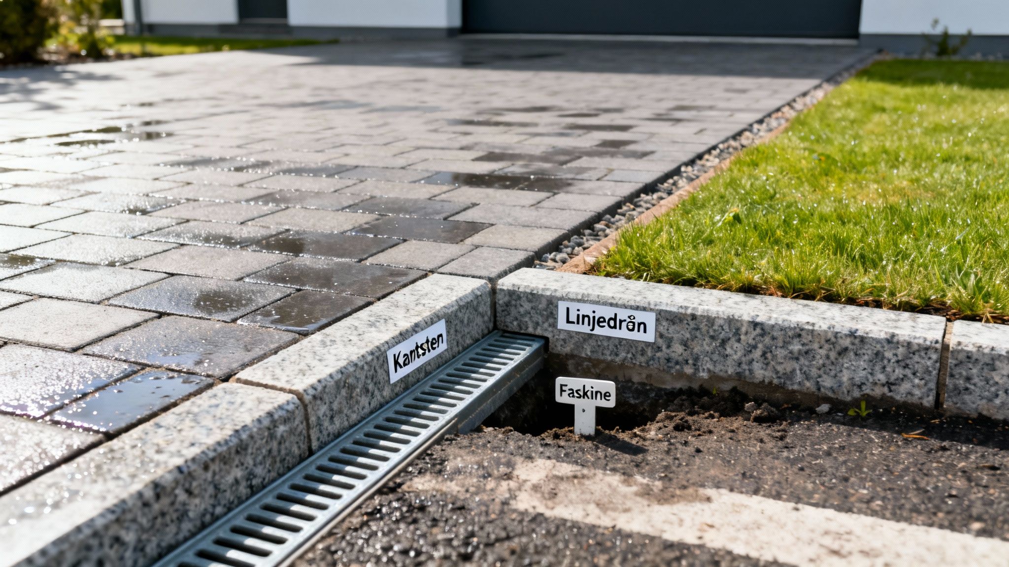 En stenbelagt indkørsel med vand, en linjedræn, kantsten og en faskine til regnvandshåndtering.