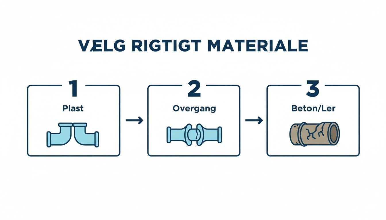 Illustration der viser valg af korrekt rørmateriale i tre trin: plastrør, et overgangsstykke og et beton/ler rør.