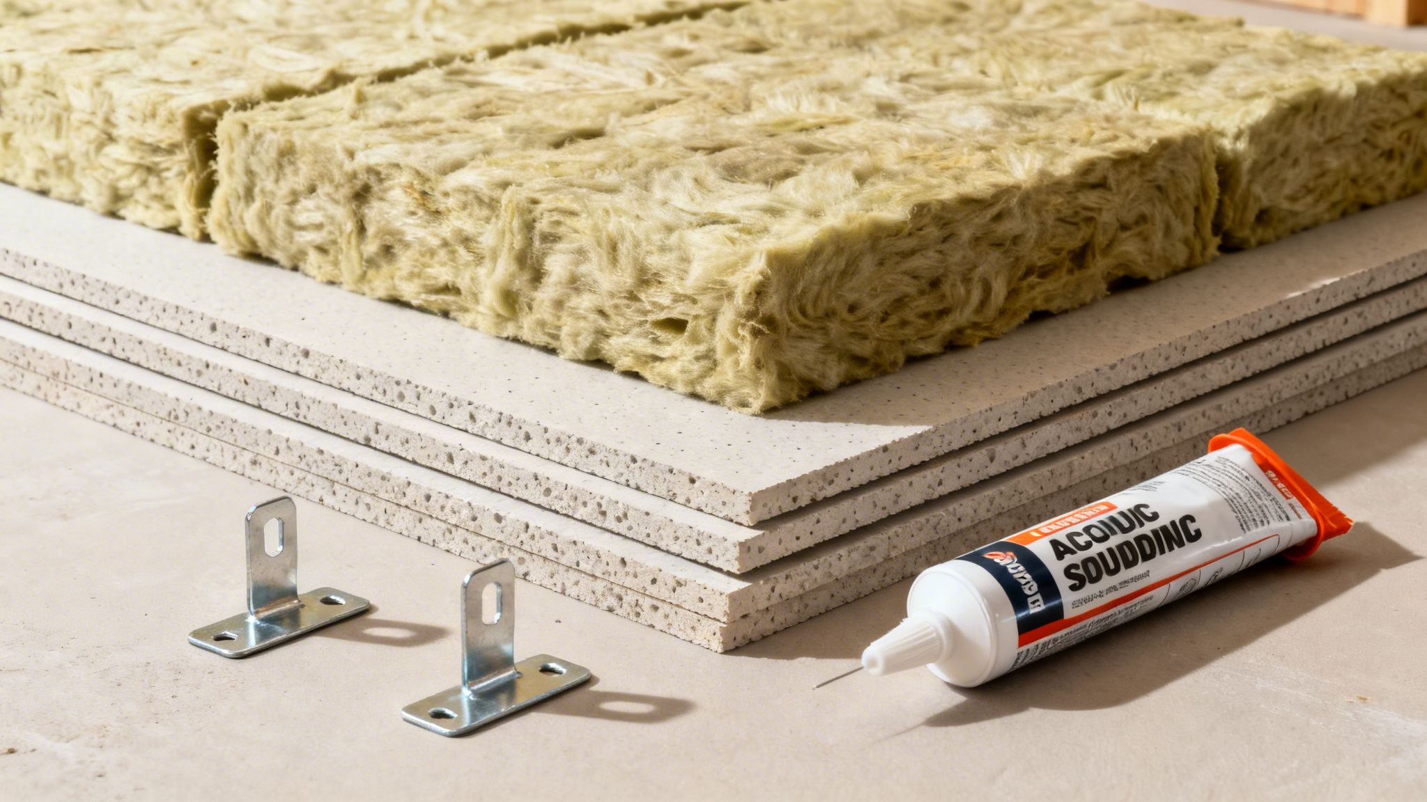 Materialer til lydisolering af loft: Rockwool isolering, gipsplader, beslag og akustisk fugemasse.