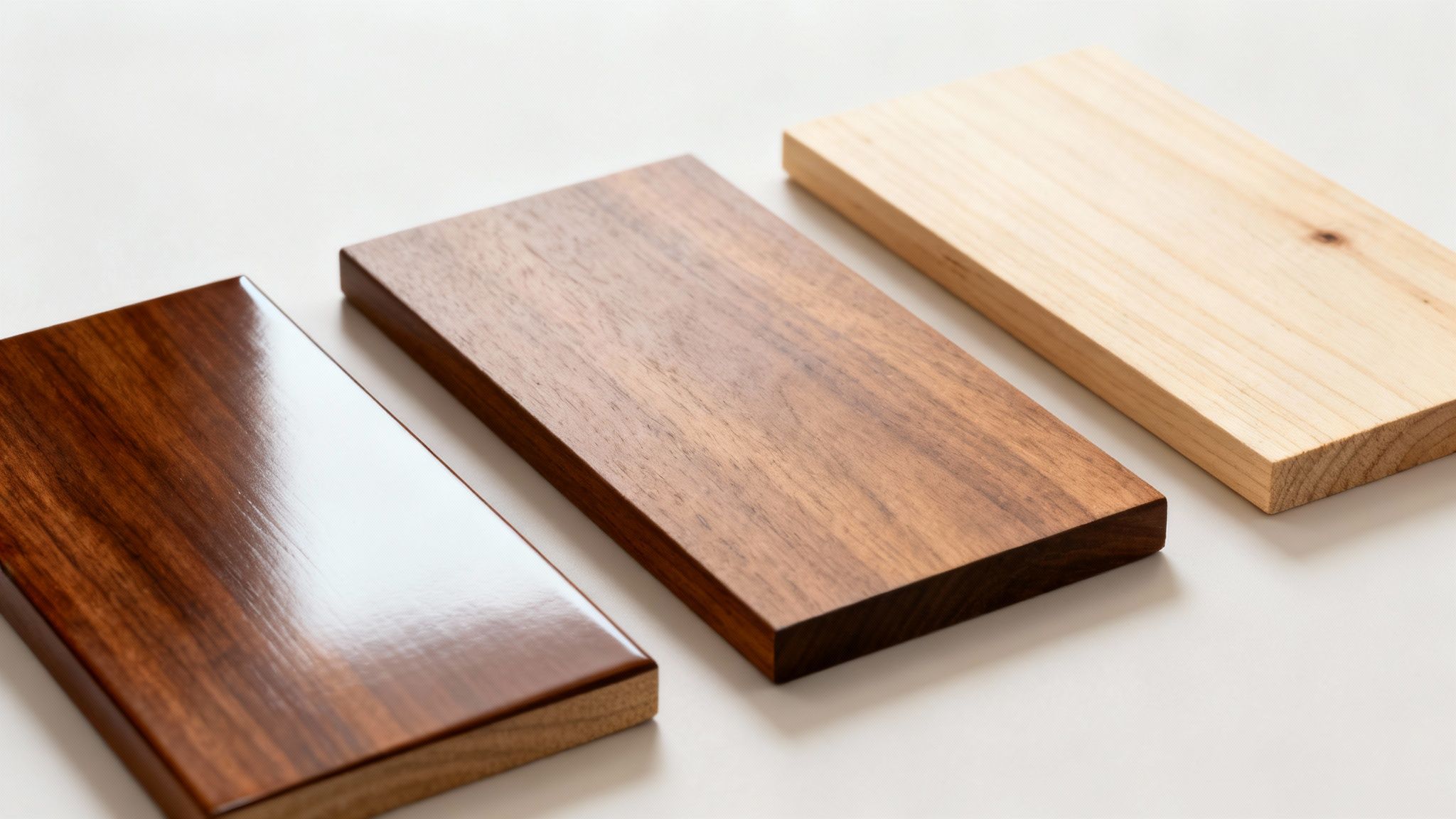 Tre træprøver på en hvid baggrund: poleret mørkt, mat brunt og lyst ubehandlet træ.