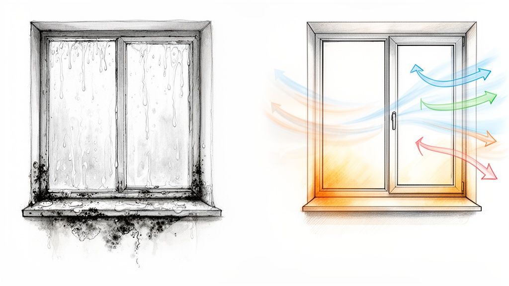 Illustration viser forskellen mellem et fugtigt vindue med skimmelsvamp og et velventileret vindue med frisk luft.
