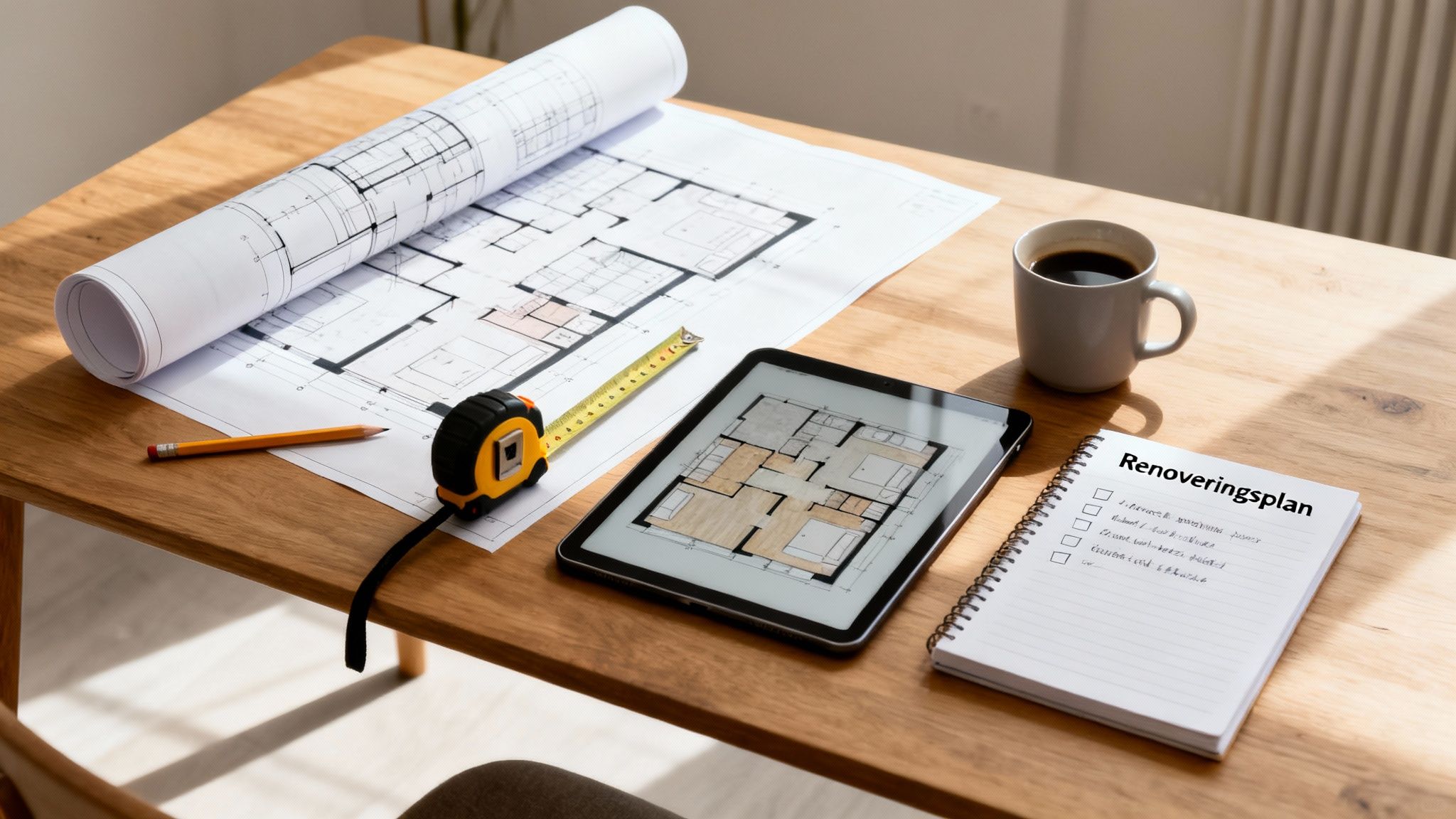 Arbejdsbord med plantegninger, målebånd, tablet med grundplan og notesbog med renoveringsplan.