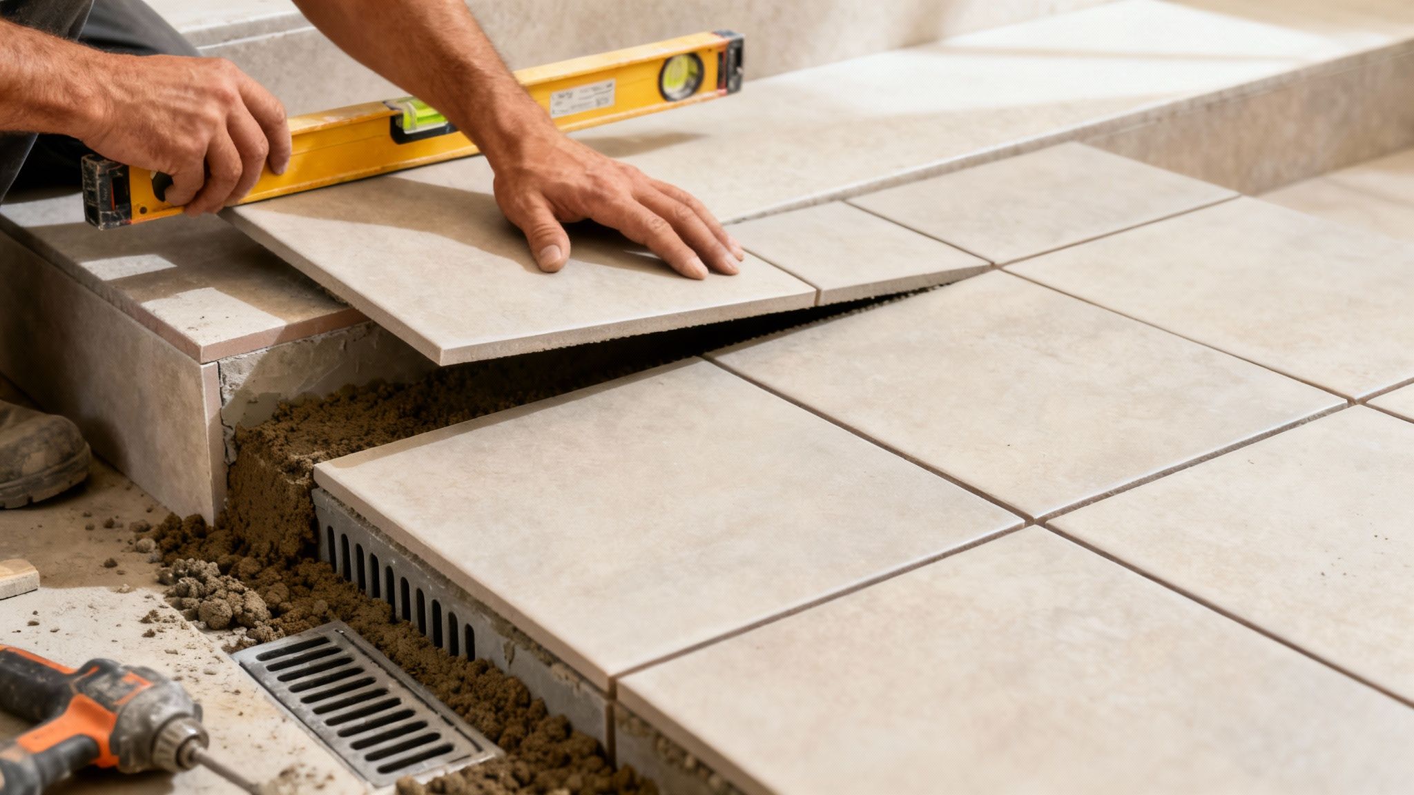 Håndværker lægger udendørs fliser på trappe med vaterpas. Sandbund og afløb ses under fliserne.