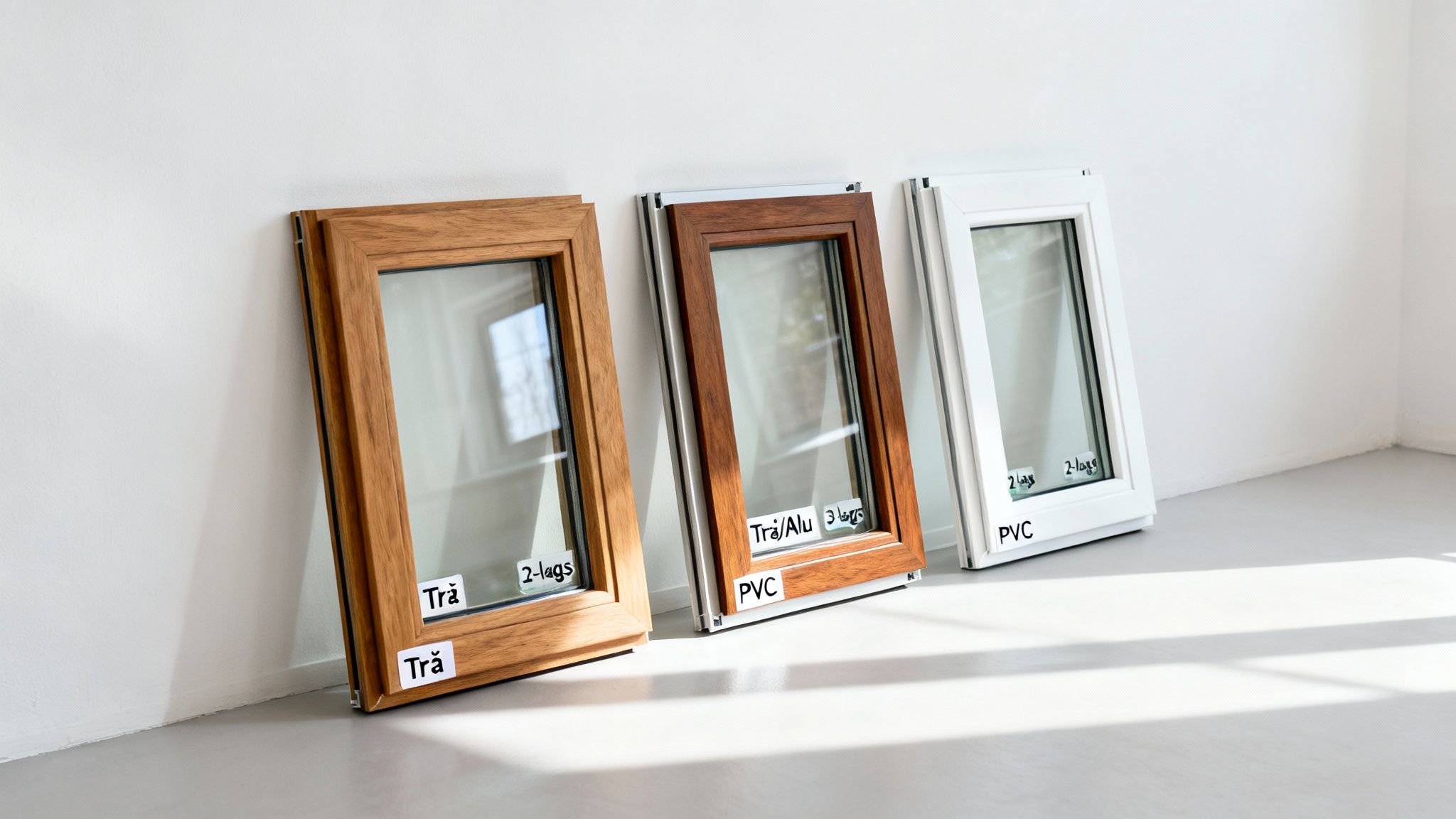 Tre forskellige vinduesrammer i træ, træ/alu og PVC, der viser 2- og 3-lags glas muligheder.