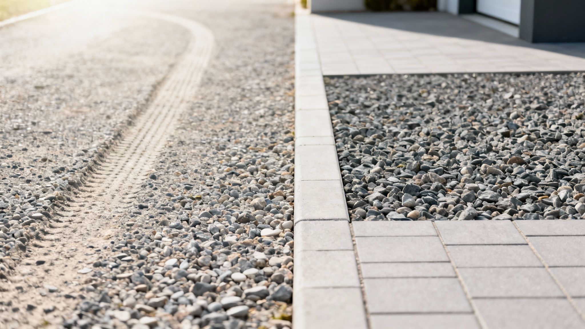 En grussti med tydelige dækspor støder op til en belagt indkørsel med dekorativt grus.