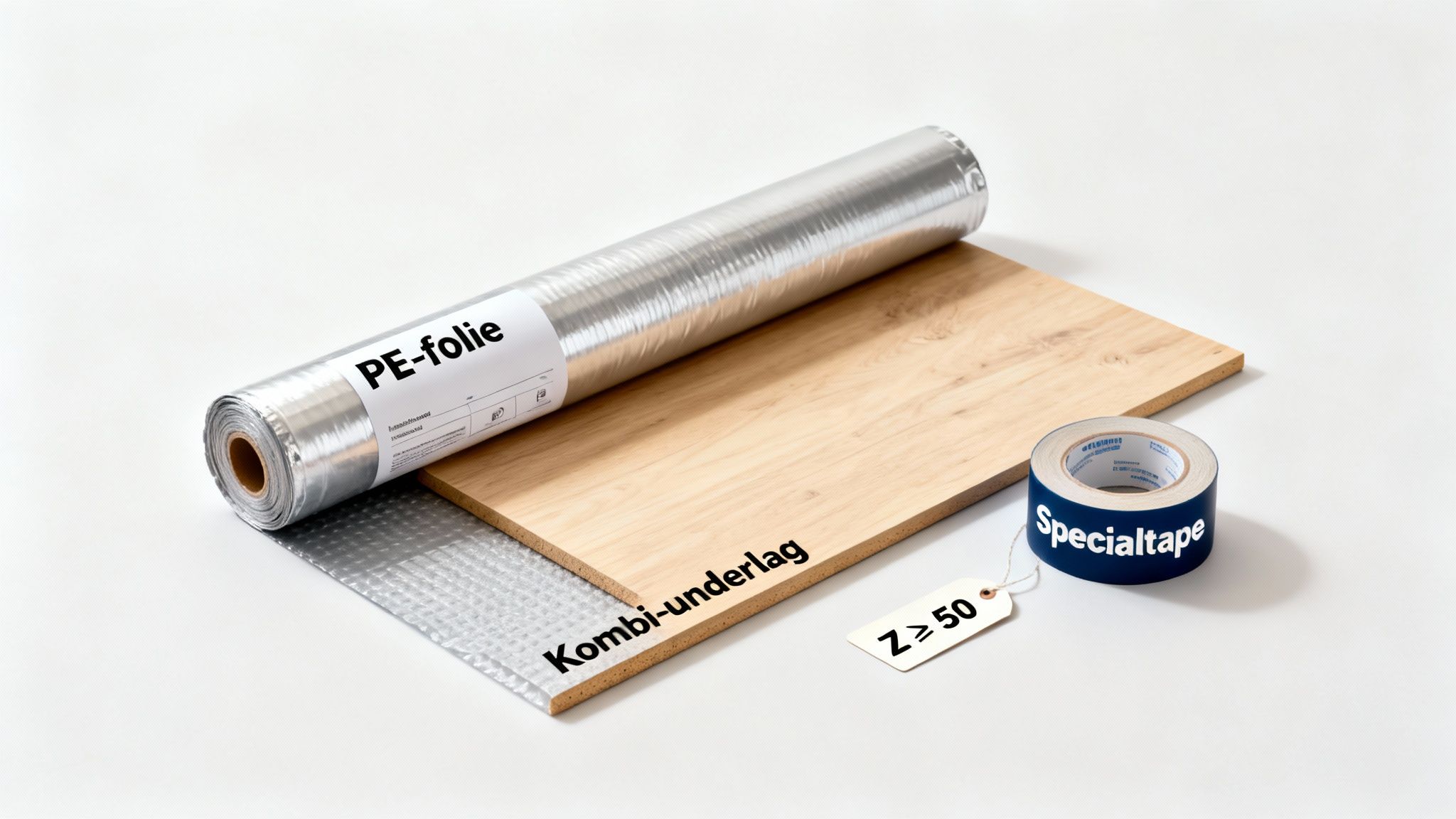 Dansk undergulvsløsning med PE-folie, kombi-underlag og specialtape til optimal fugtbeskyttelse og isolering.