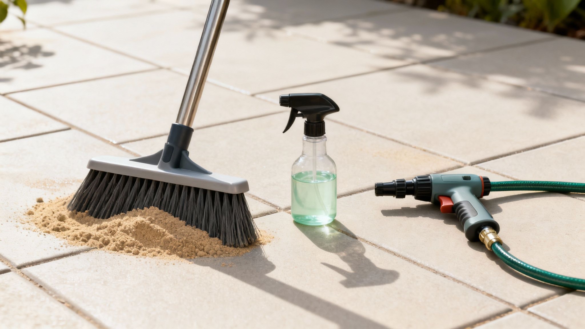 Bred kost, sand, sprayflaske og haveslange på lyse fliser. Redskaber til rengøring af terrasse.
