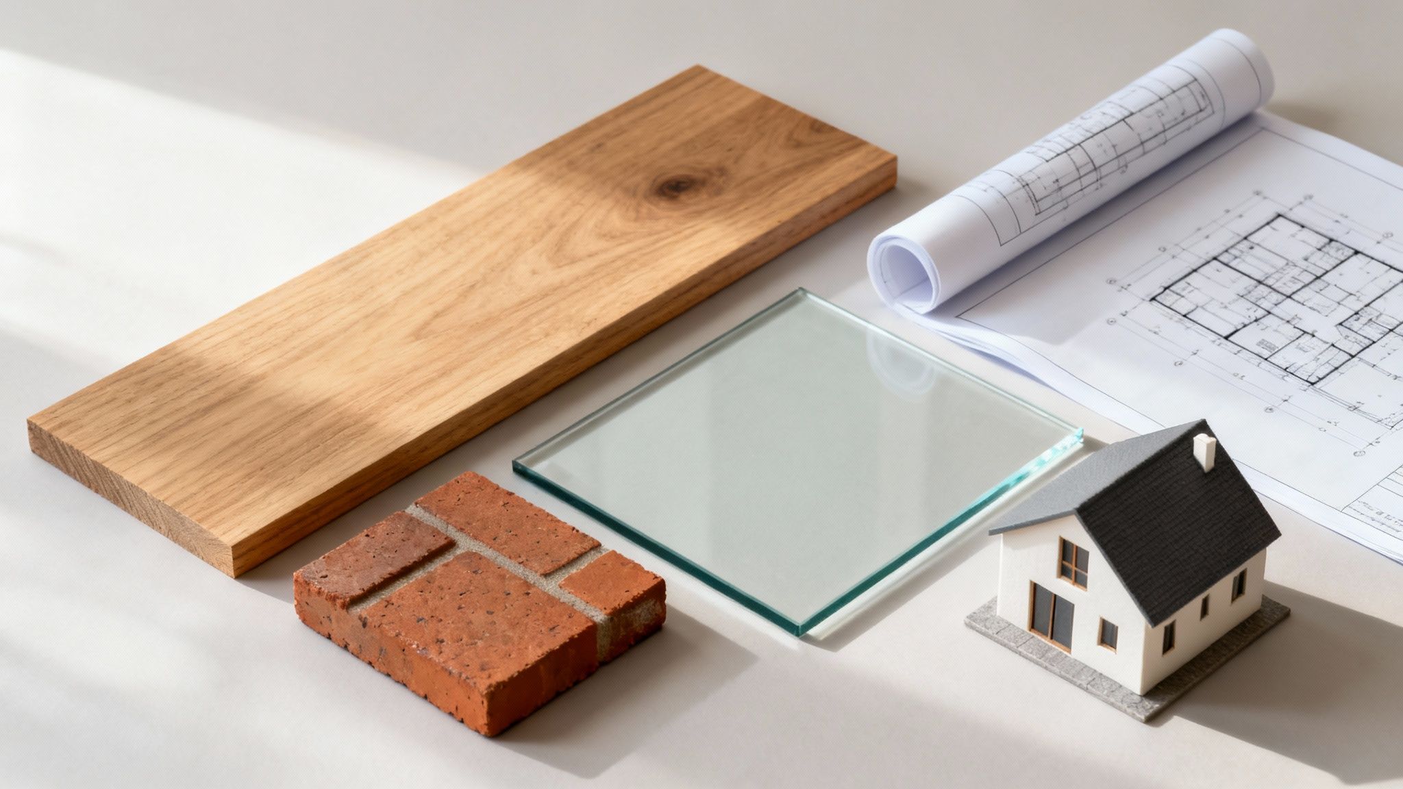 Billedet viser byggematerialer som træ, mursten og glas, arkitekttegninger og et modelhus, der symboliserer boligbyggeri.
