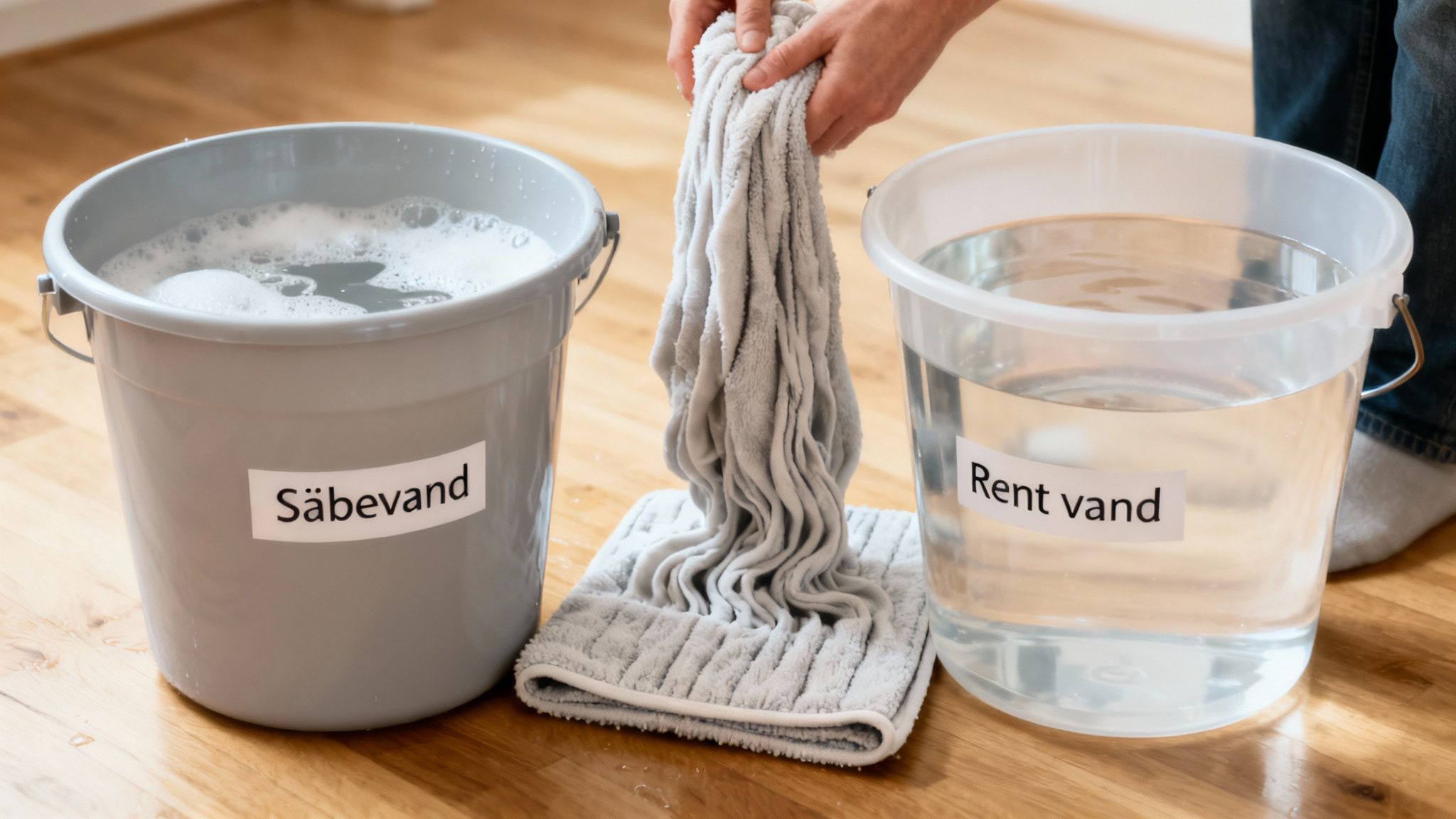 En person vrider en moppe ud mellem to spande, en med sæbevand og en med rent vand, klar til rengøring af trægulv.