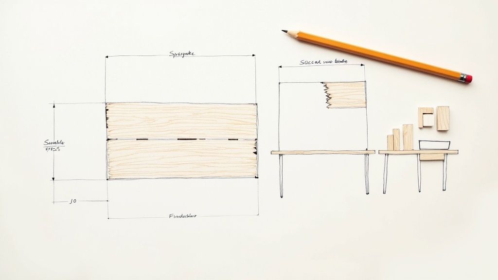 Detaljeret skitse af møbeldesign med mål og træprøver, set fra flere vinkler, ved siden af en blyant.