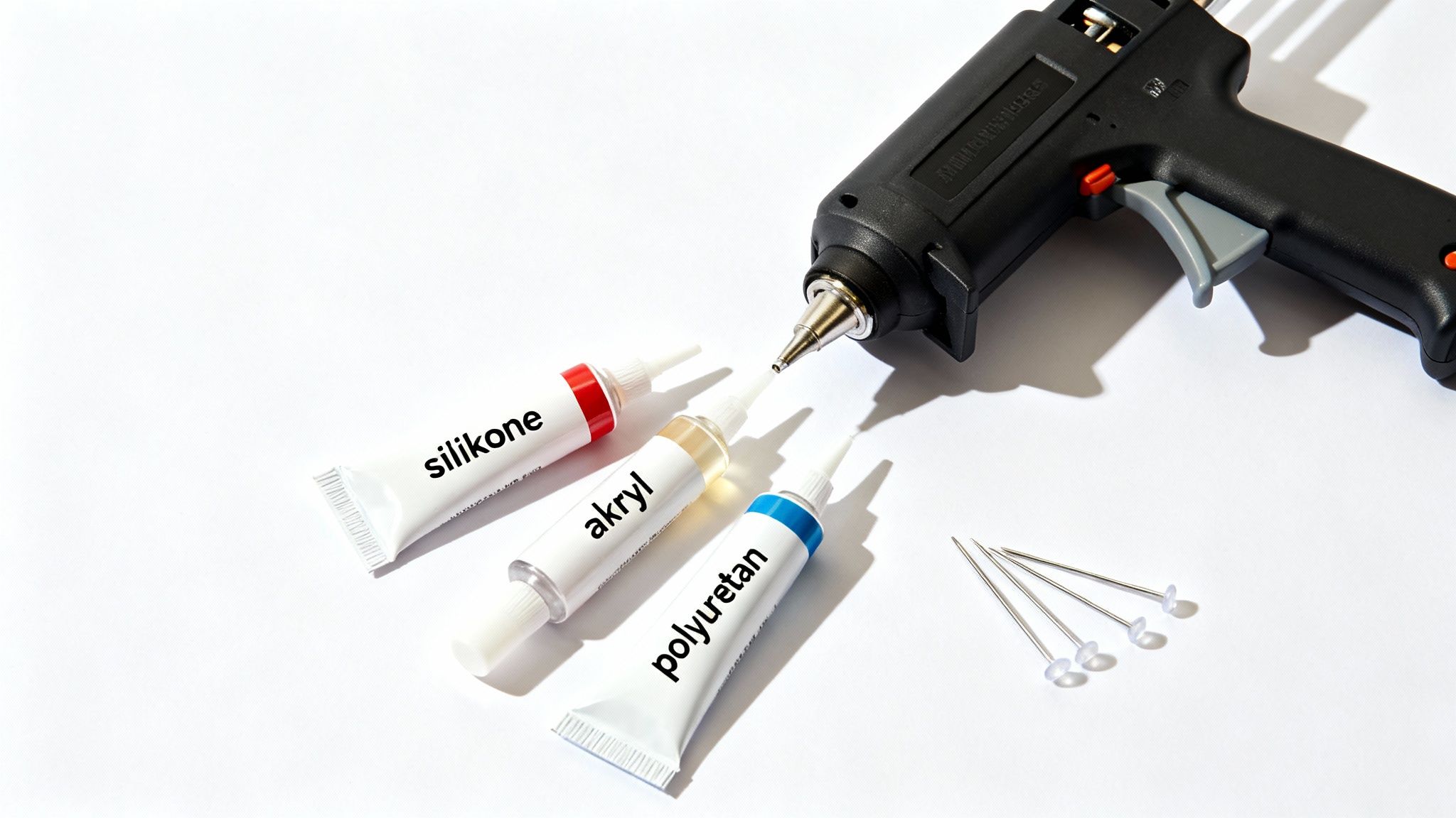 En række forskellige fugepistoler og fugemasse hænger på en væg
