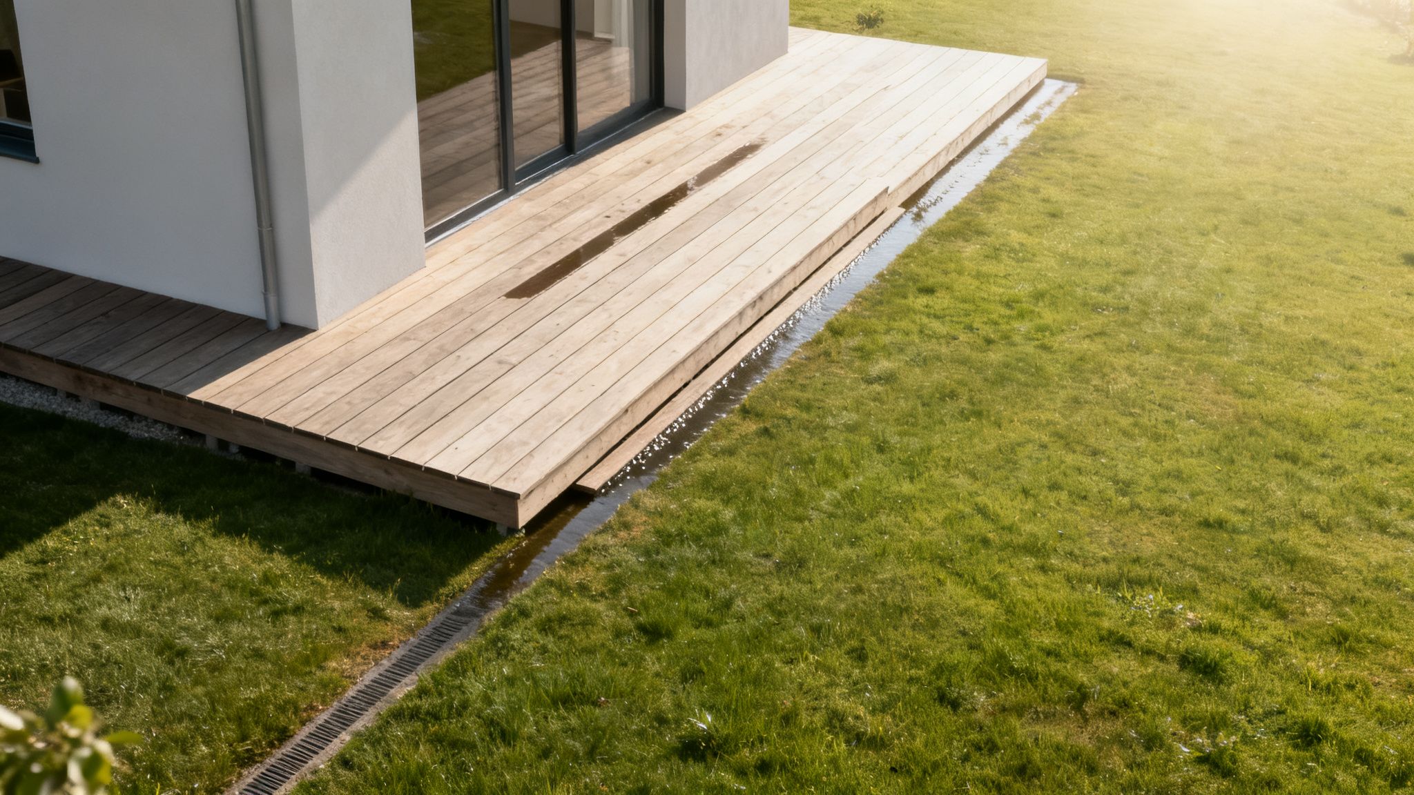 Træterrasse ved et moderne hus med en stor glasdør, græsplæne og afløbsrende. Der er vand på terrassen.