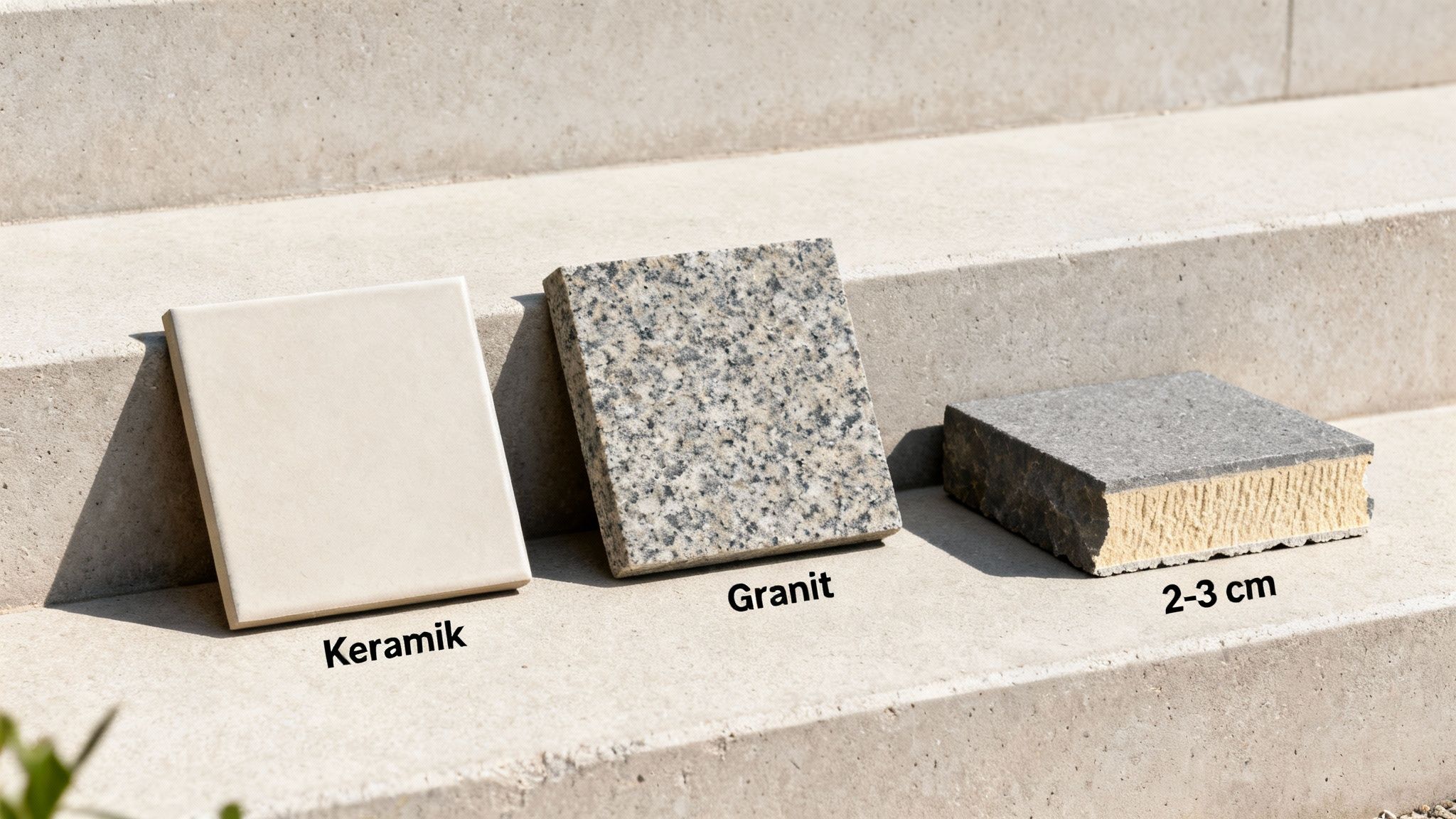 Tre forskellige flisetyper, keramik, granit og en tyk variant, præsenteres på udendørs betontrapper.