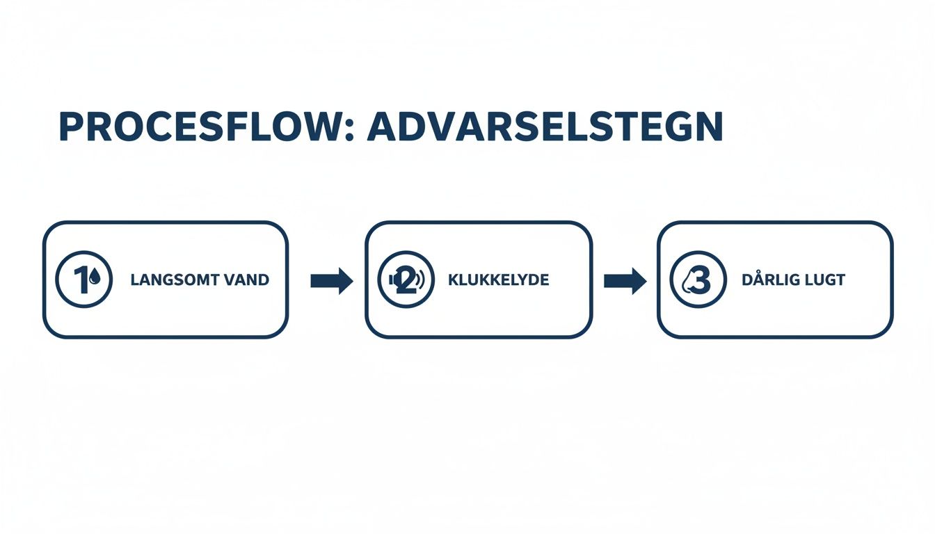 Et procesflowdiagram, der illustrerer tre advarselstegn: langsomt vand, klukkelyde og dårlig lugt.