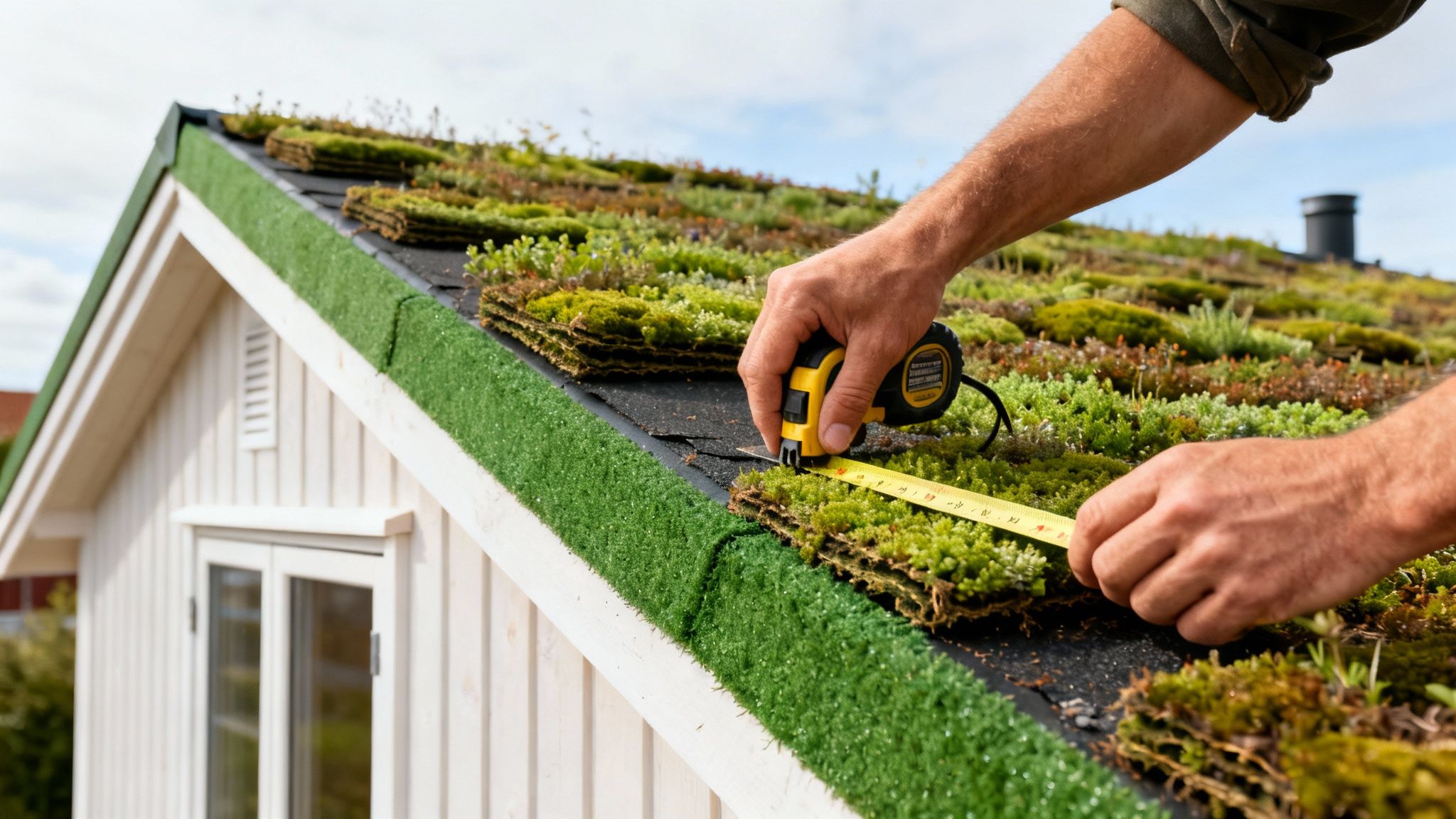 En person måler et sedumtag med et målebånd. Taget er dækket af grønne planter.