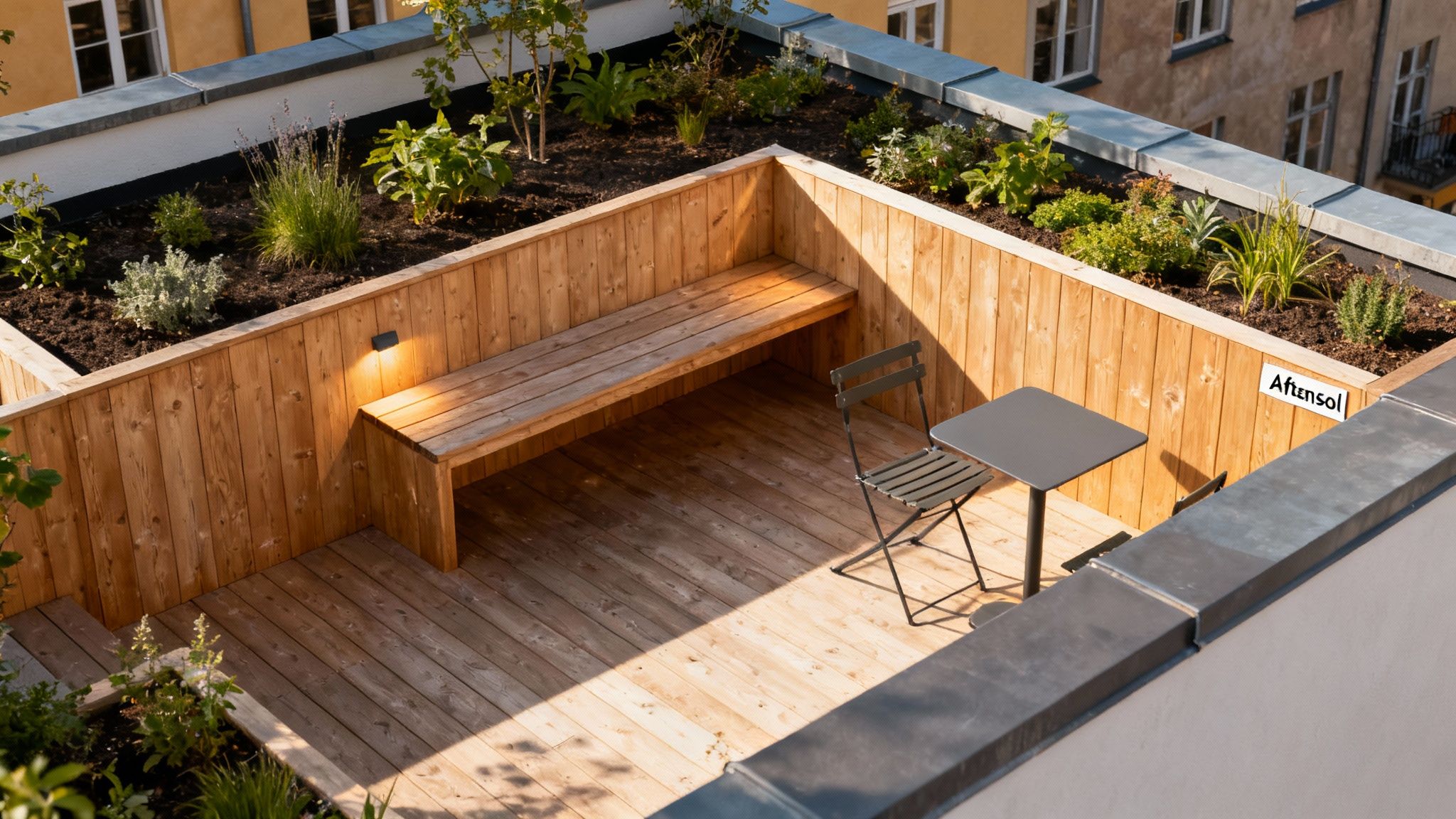 En træterrasse på taget med grønne planter, en indbygget bænk og et lille bord med en stol, badet i sollys.