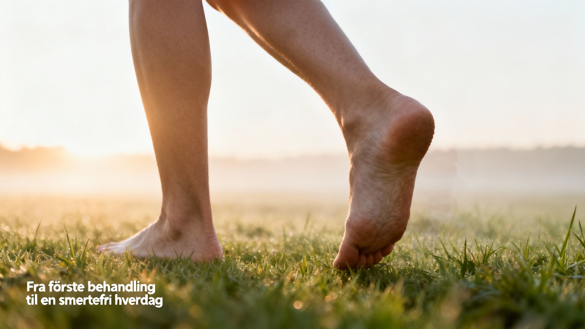 En person går barfodet i dugfrisk græs ved solopgang, symboliserer bevægelsesfrihed og lindring.