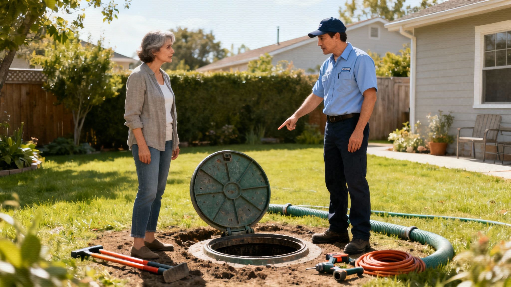 En servicetekniker forklarer en kvinde om septiktanken i hendes baghave på en solskinsdag.