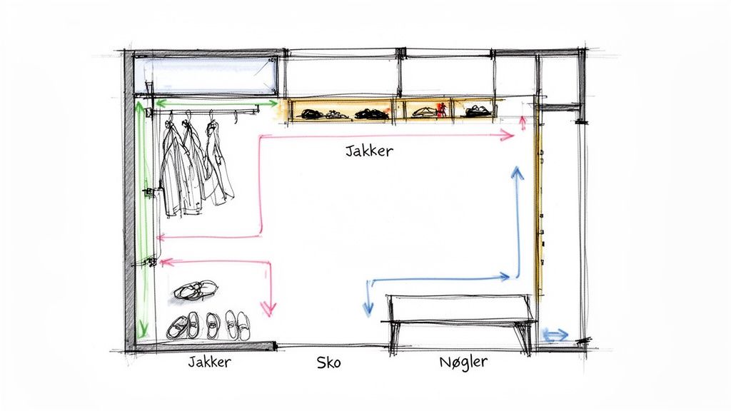 En håndtegnet skitse af en entré med organiseret opbevaring til jakker, sko og nøgler.