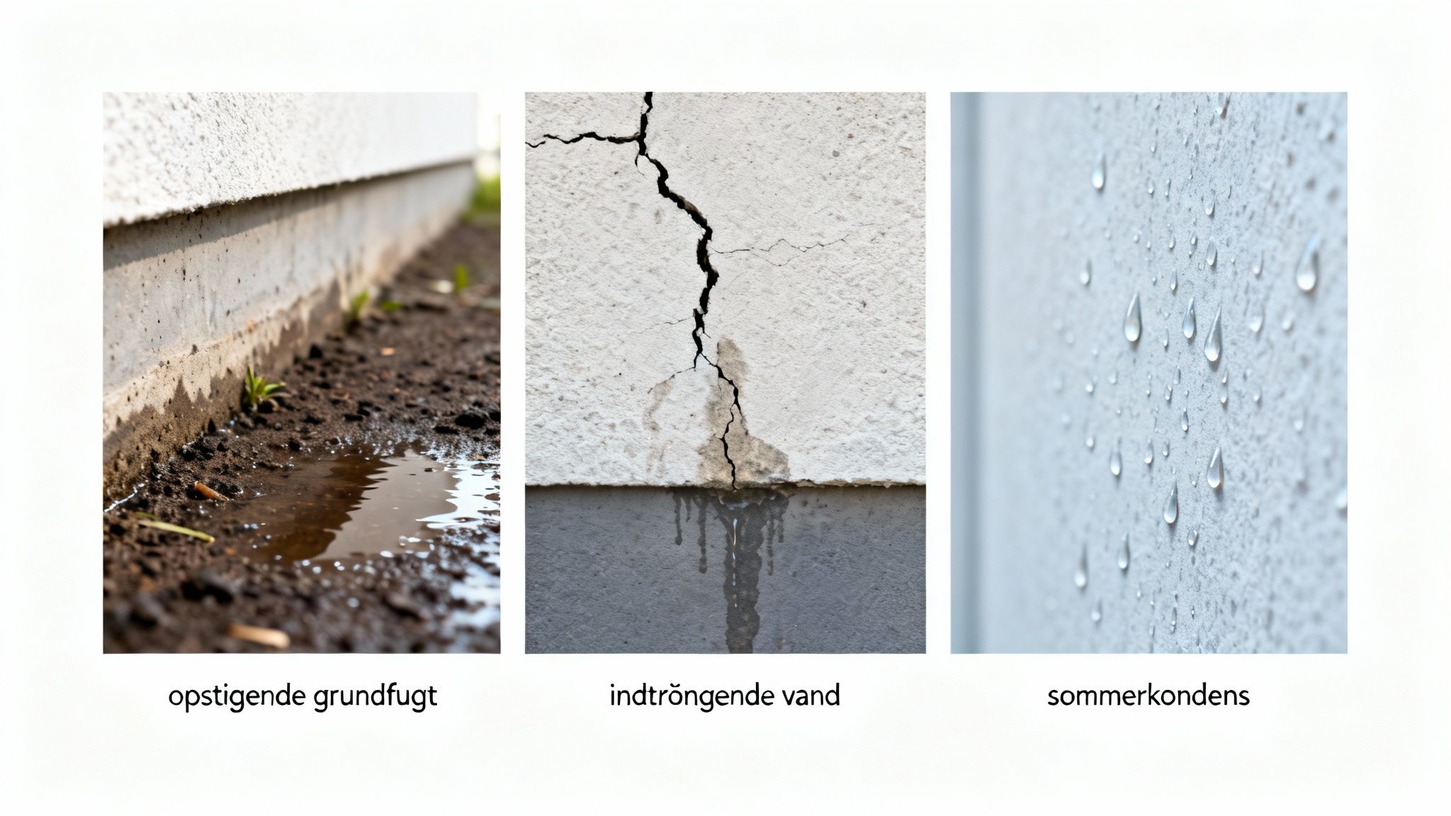 Tre billeder viser almindelige fugtproblemer: opstigende grundfugt, indtrængende vand og sommerkondens på vægge.